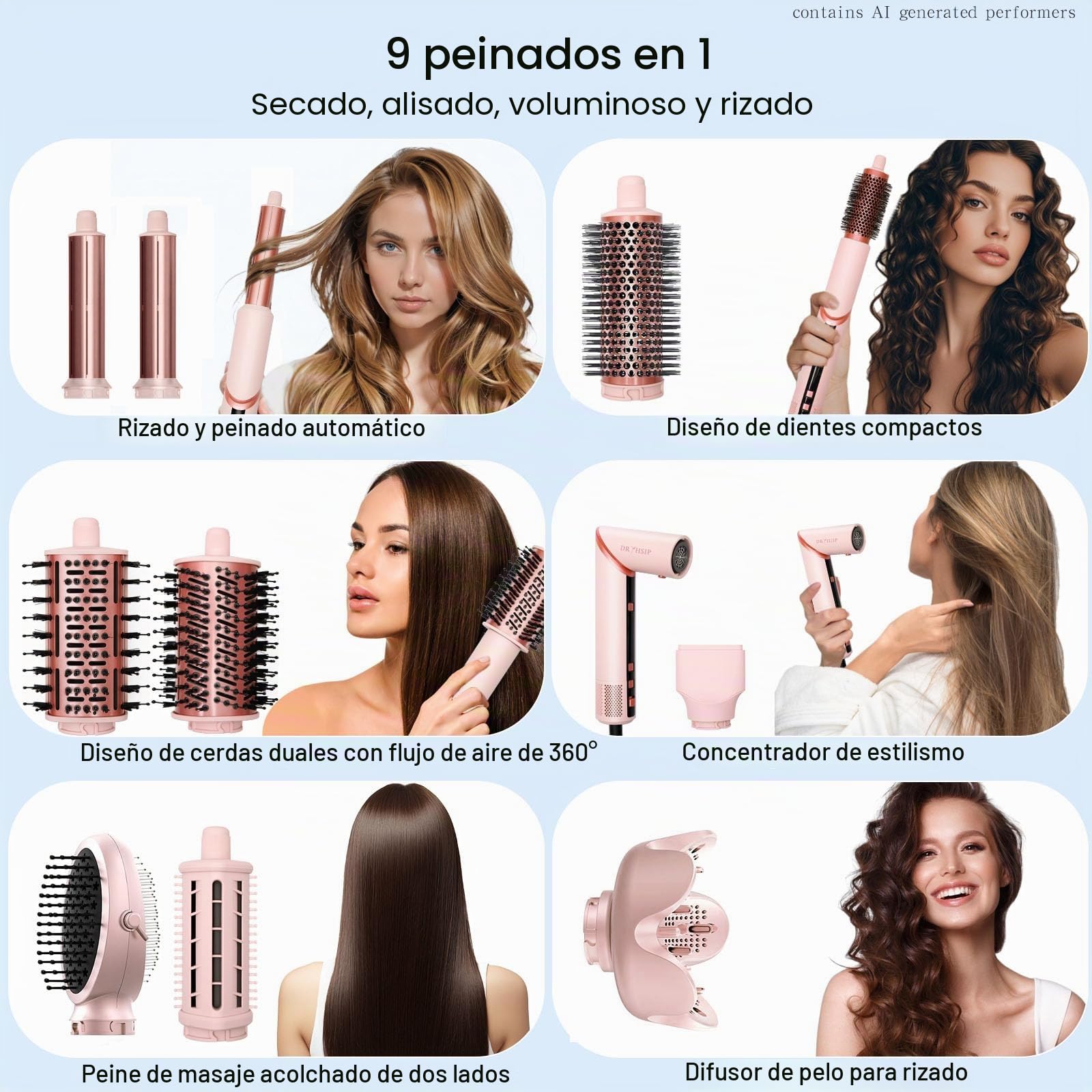 Dryhsip Cepillo Secador 9 en 1, Rizador Automático, Moldeador Flexible, Herramienta de Peluquería para Ondas y Alisado