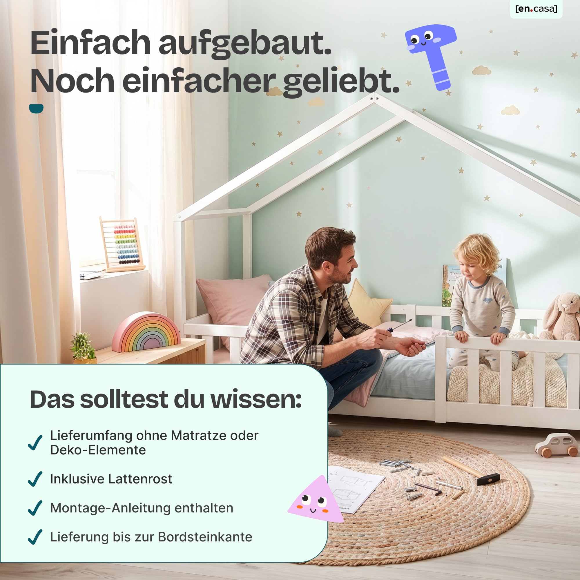 [en.casa] Kinderbett Treviolo 90x200 cm Weiß | Hausbett, Montessori, Holzbett für Kinder, Bettgestell mit Lattenrost, Kiefernholz