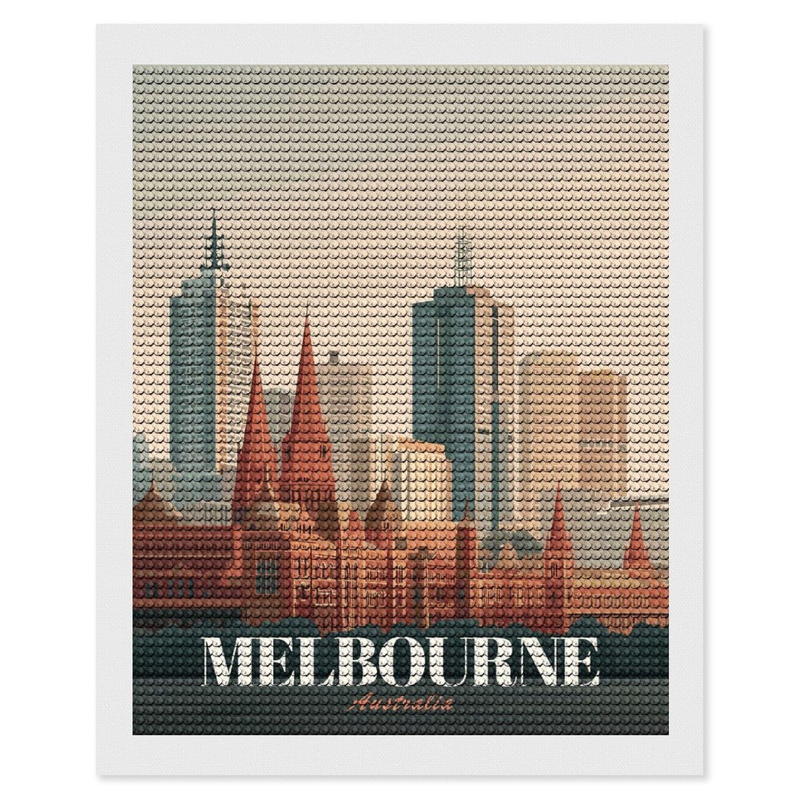 Junmoney Melbourne Skyline Vintage Diamond Painting Canvas Kit 16"x20", Round Gems, Living Room Decor, Seasonal Gift Choice, Modern Decor