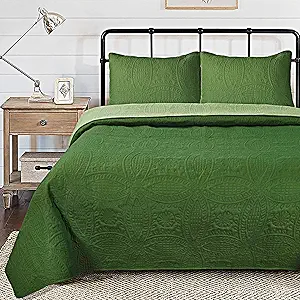 Bedream 3 PCS Over - Sized Reversible Bedspread Set with Coin Medallion Pattern, Light Weight Ultrasonic Embossed Coverlet Set for All Season, Elegant Modern Microfiber Quilt Set, King, Green