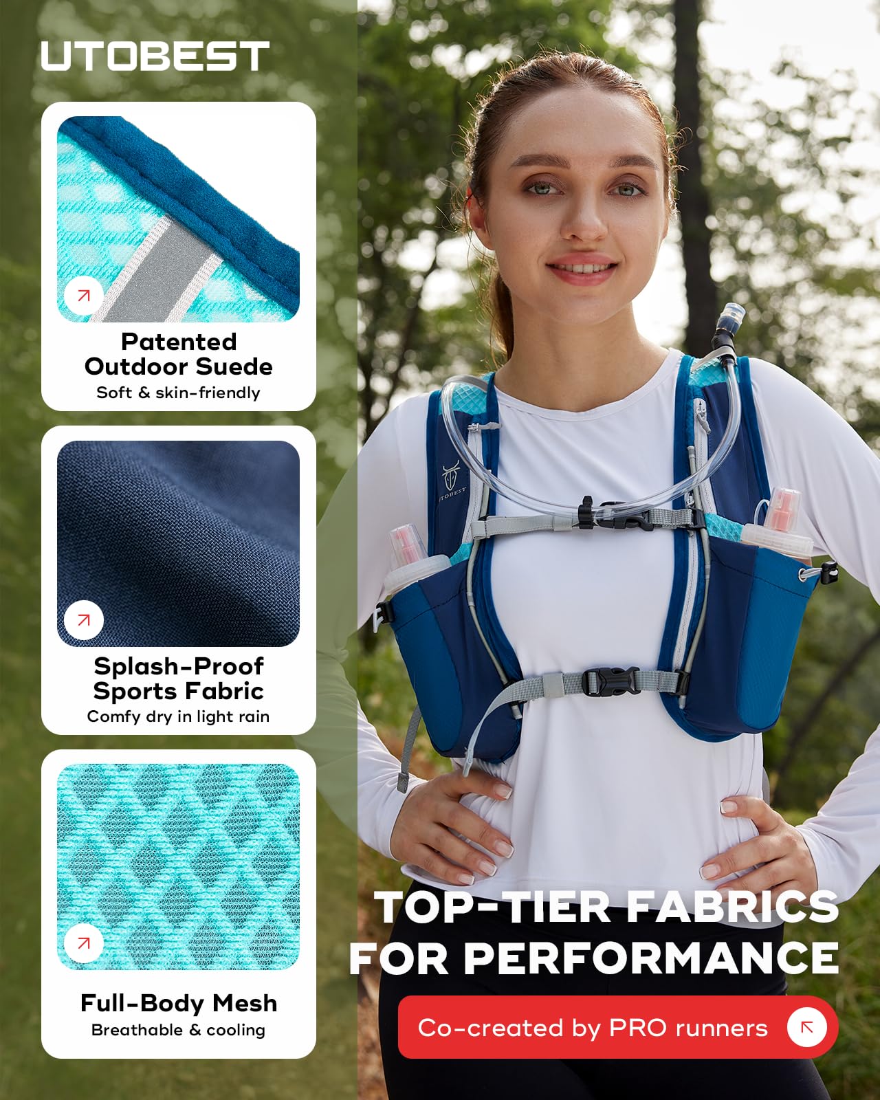 UTOBEST Gilet Course, Sac hydratation Leger avec 2*350ml flasque,Bleu | 7 poches, grand support telephone, ajustement confortable, sans rebond, OSFM, mixte, trail, park run, marathon
