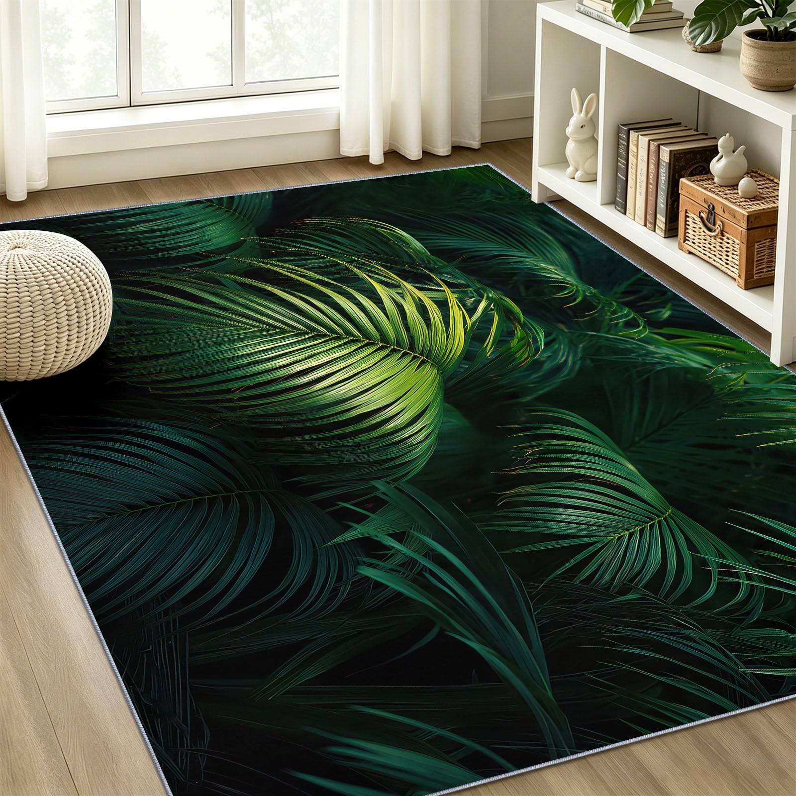 Générique Minimalist Tapis de Salon 80 x 150 cm, Flanelle Doux Lavable Antidérapant, Tapis à Poils Courts Nature Tropical Palmier Motif Feuillage Feuilles pour Salon Chambre Enfant Bureau, Vert