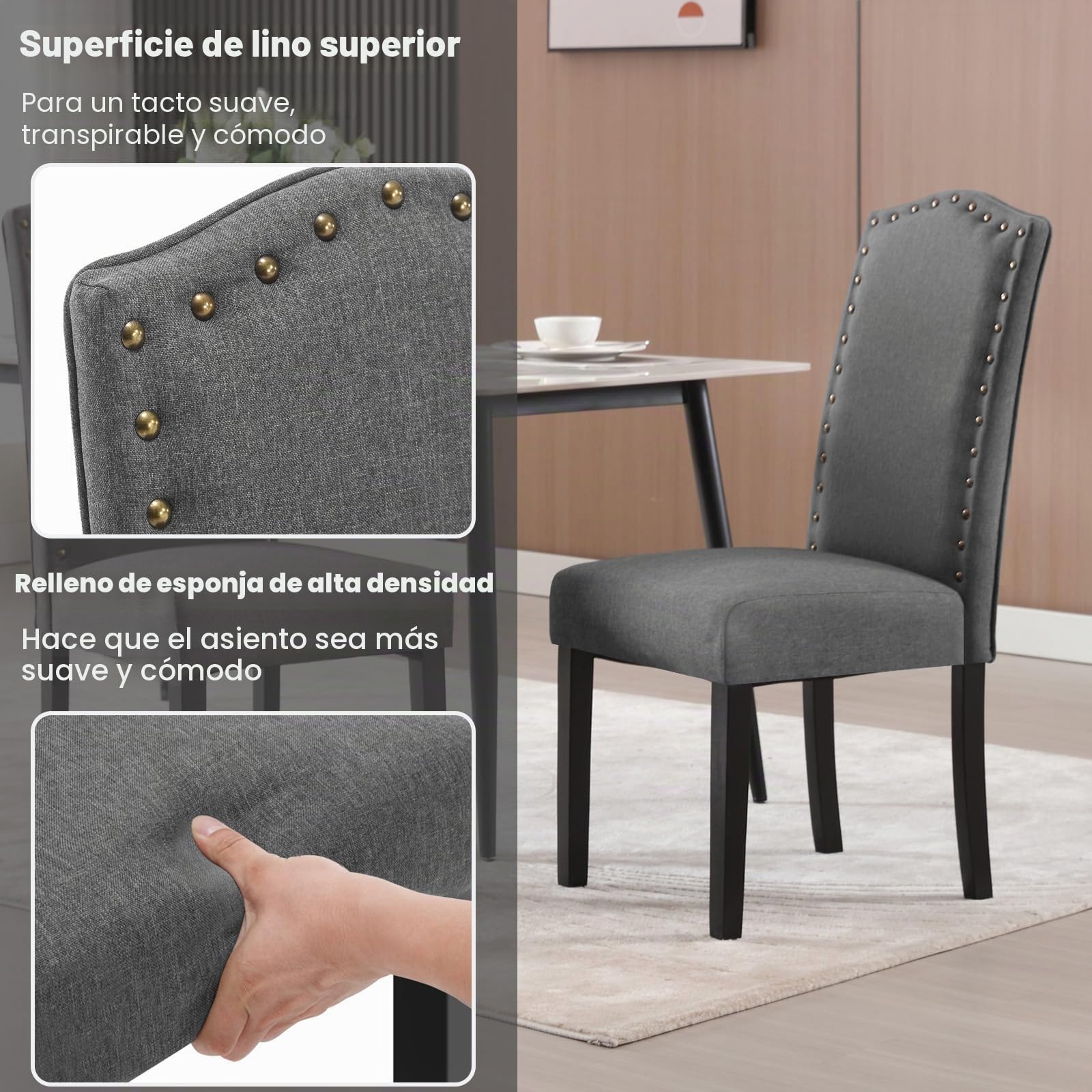 WOLTU Juego de 6 Sillas de Comedor,Lino, Gris Oscuro | Moderna,Vintage,con Remaches,con Respaldo Asiento