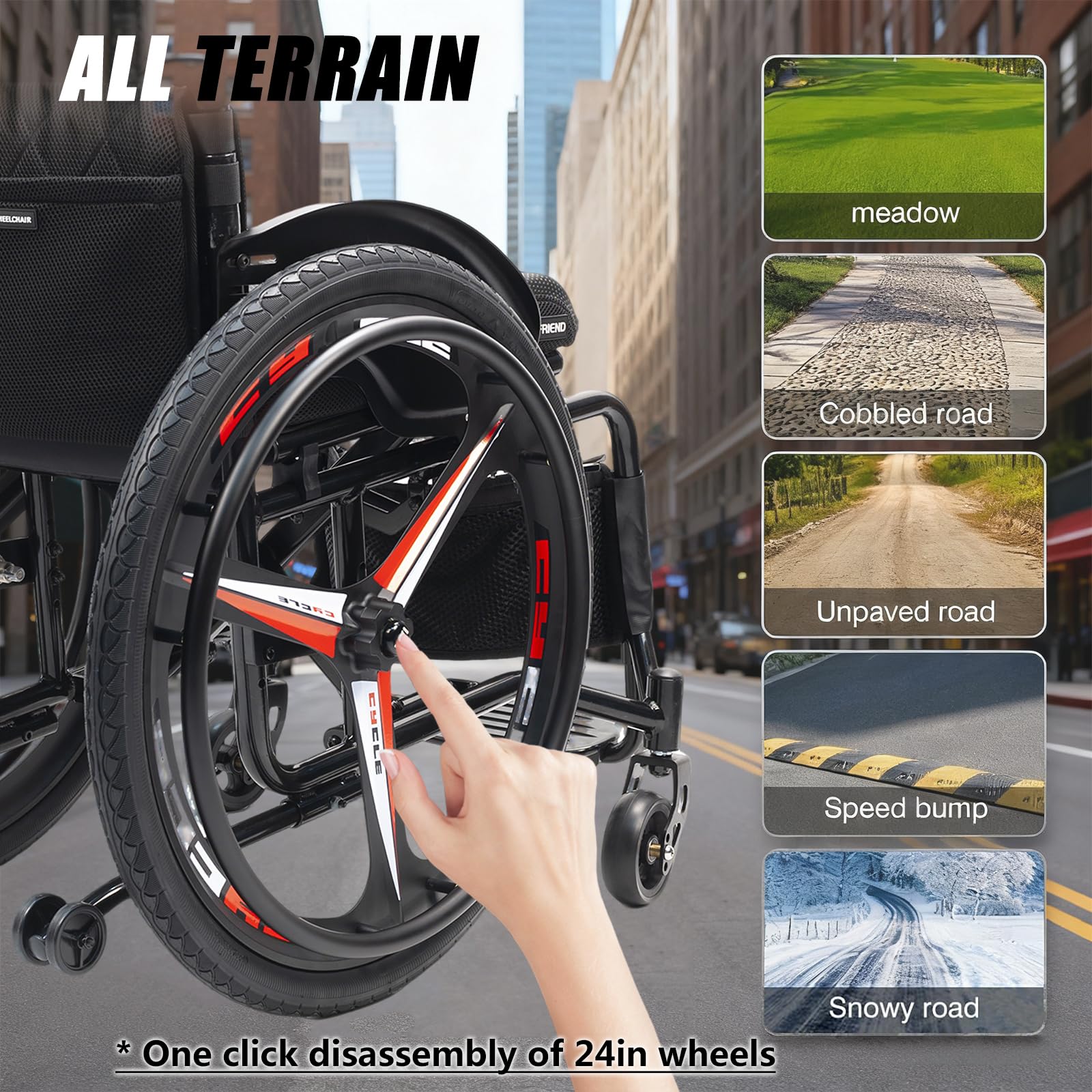 Silla de ruedas deportivas ultra ligera portátil para todo el terreno,Silla de ruedas manual de aleación de aluminio autopropulsada plegable,Sillas de ruedas de transporte con anti-basculante(Size:42c