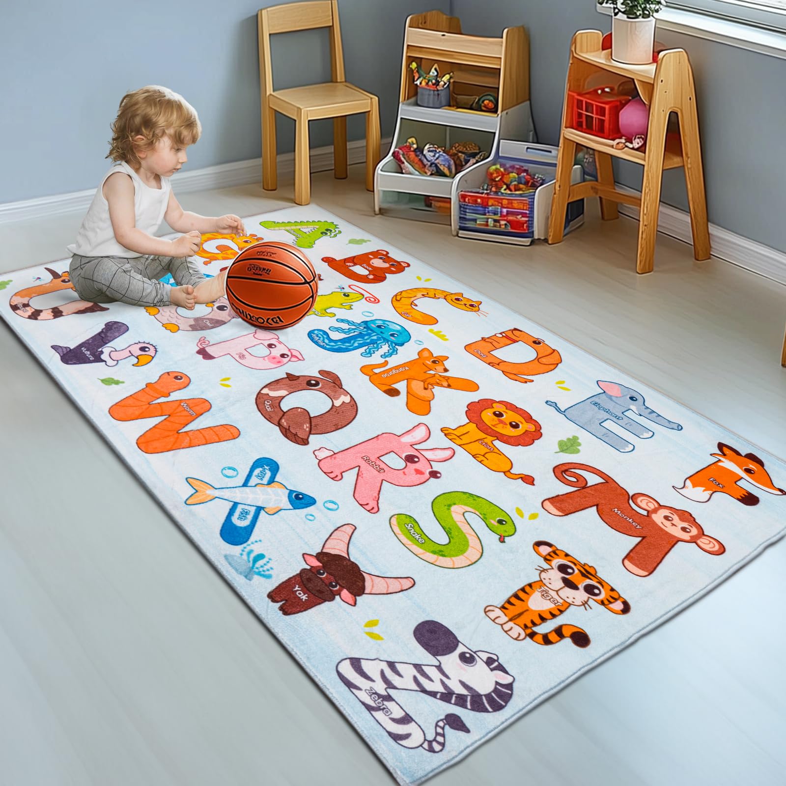 GthreeD Rugs for Playroom,Educational Rug for Learning ABC Alphabet & Animals,Soft & Non-Slip Machine Washable,Ideal for Exploration Game Perfect for Nursery Living Room Decor,Blue,80x150 cm