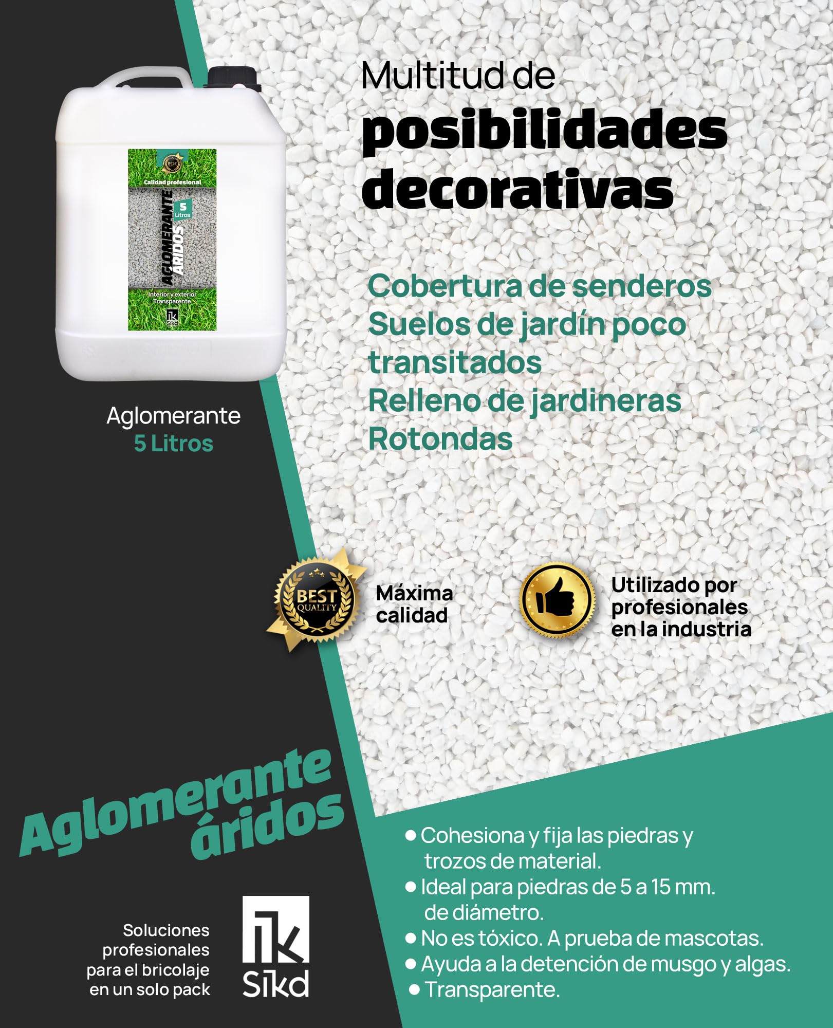 Resina fijador grava 5L decoración exterior. Estabilizador de grava efecto mojado. Pegamento para piedra, aglomerante fijación de aridos, gravilla, vídrios o cortezas en jardín