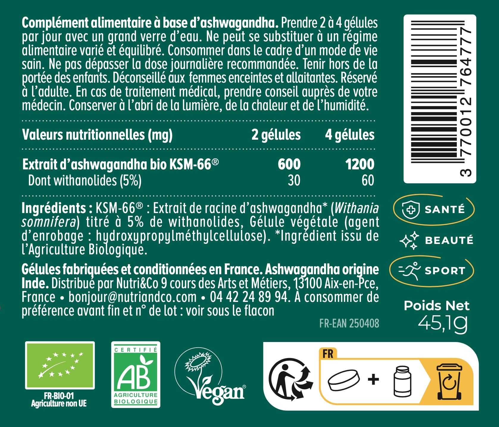 NUTRI & CO Ashwagandha BIO KSM-66® Breveté - Extra Fort 1200mg 5% Withanolides - 120 gélules Vegan - Extrait 100% Pur - Fabriqué en France
