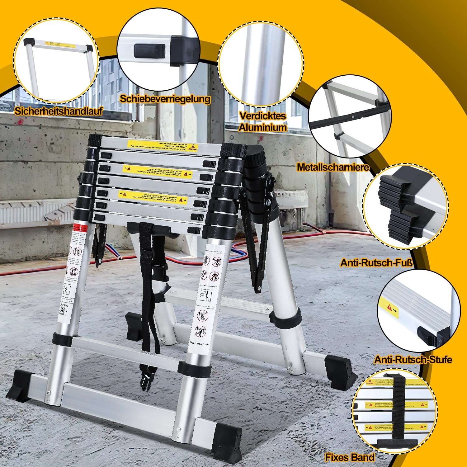 Ikodm Aluminiowa drabina teleskopowa, rama A, 5 + 6 stopni, drabina wysuwana do naprawy dachu, rozmiar po złożeniu 65 cm, nośność 150 kg