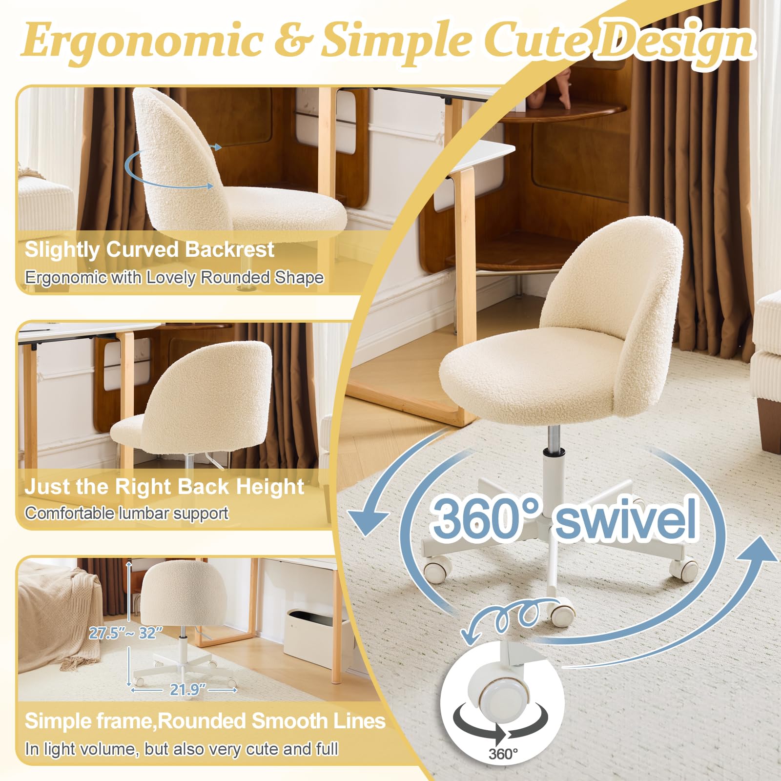 Bonnlo Bürostuhl mit Rollen, Schminktisch Stuhl, Höhenverstellbar Schreibtischstuhl für Arbeitszimmer, Schlafzimmer, Homeoffice, Teddystoff (Beige)