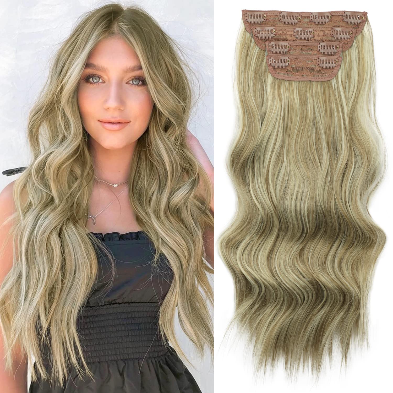 Sué Exquisite 4PCS Clip in Long Soft Glam Waves Thick Hairpieces 20 inches Medium Brown Ash Blonde Hair Extensions Synthetic Fiber Double Weft Hair for Women Full Head