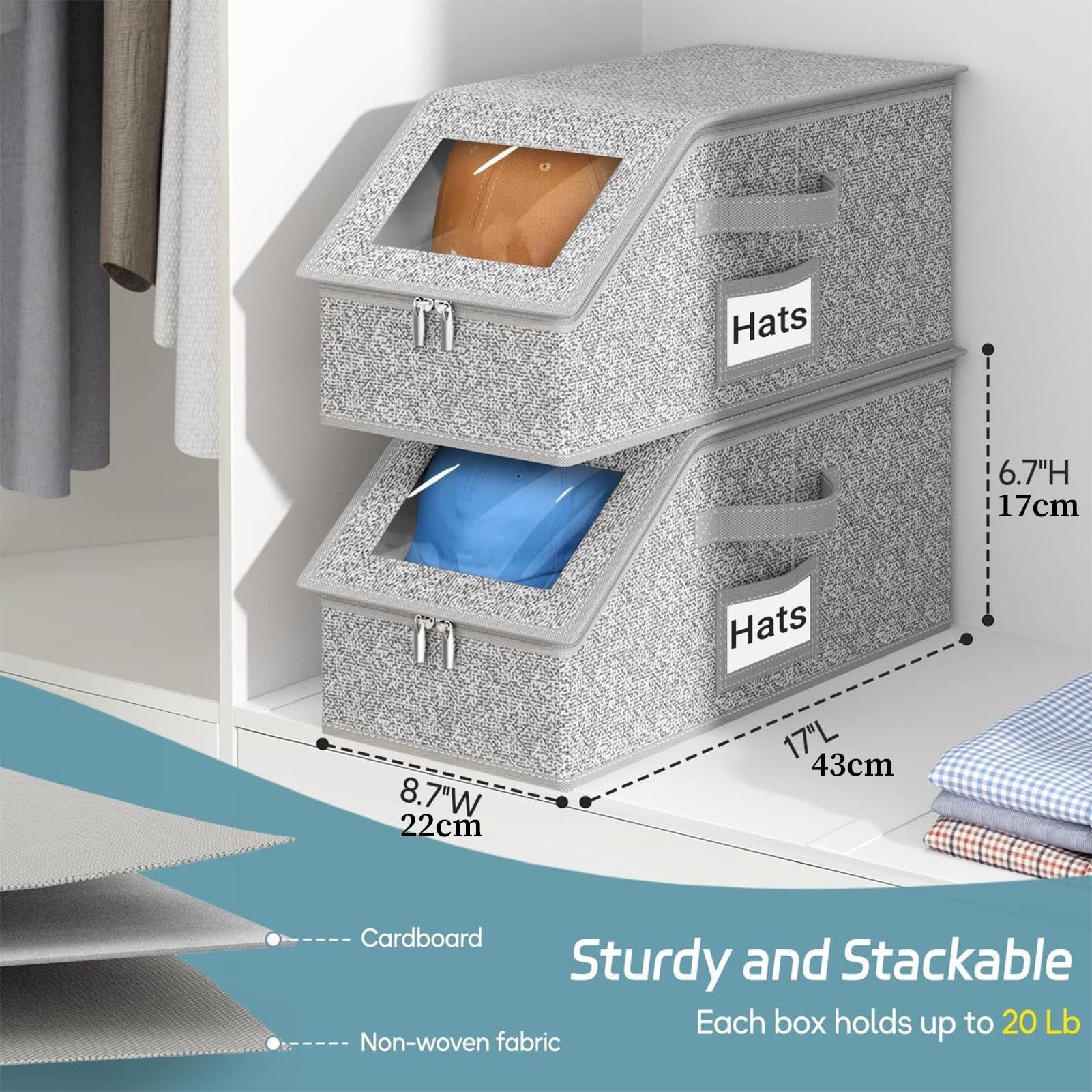 Organizador de Gorras con Capacidad para hasta 24 Apilable con Ventana | Contenedor Apilable Almacenaje De Gorros Para Armario Dormitorio Viajes Y Sombreros Vaqueros