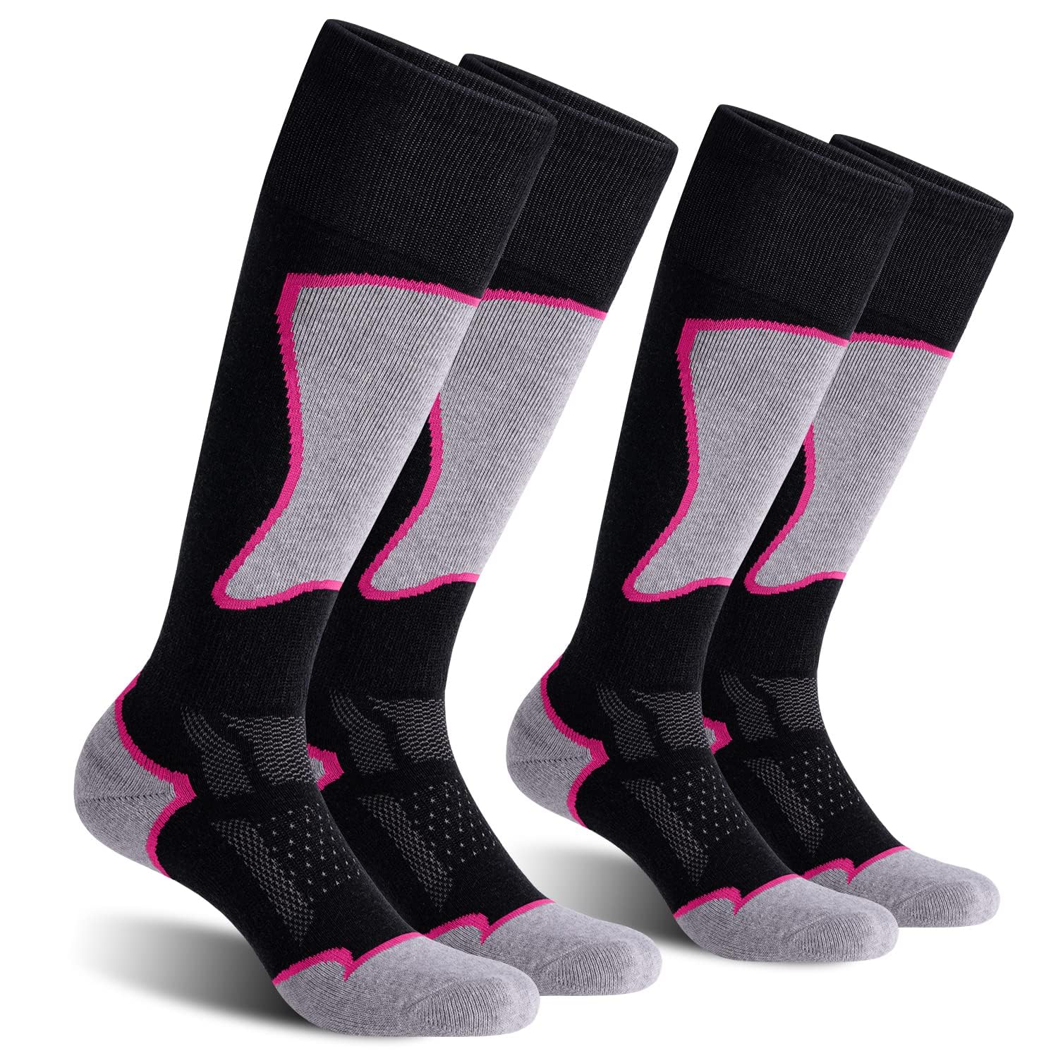 2 Pairs Women's Ski Socks for Skiing Snowboarding Warm Winter Thermal Socks, Black+rose Red