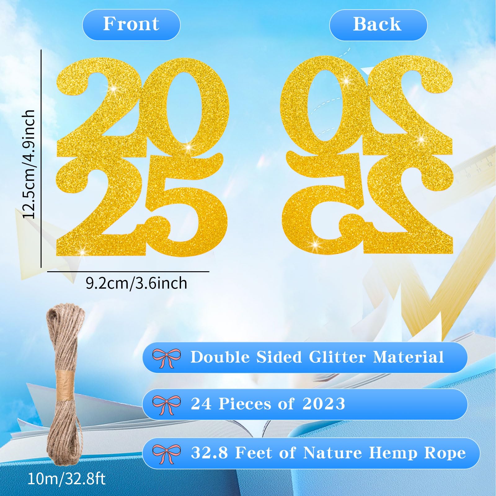 MixTeach 24pc Gold Graduation Cutouts 2025 Decorations & 32.8ft Rope