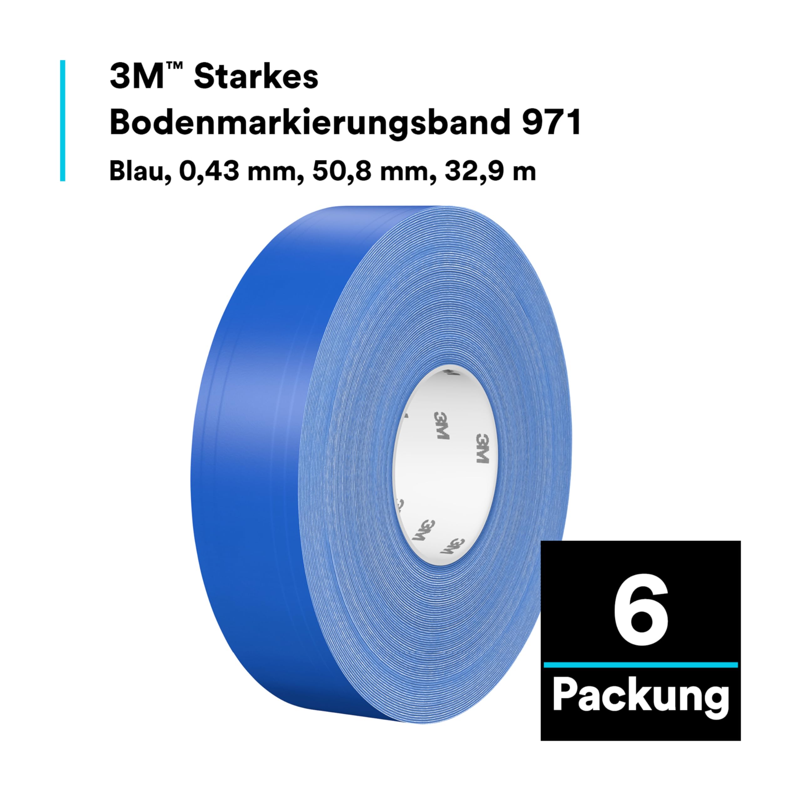3M Langlebiges Bodenmarkierungsband 971, Blau, 50.8 mm x 32.9 m, 0.43 mm, Einzeln verpackt zur bequemen Entnahme