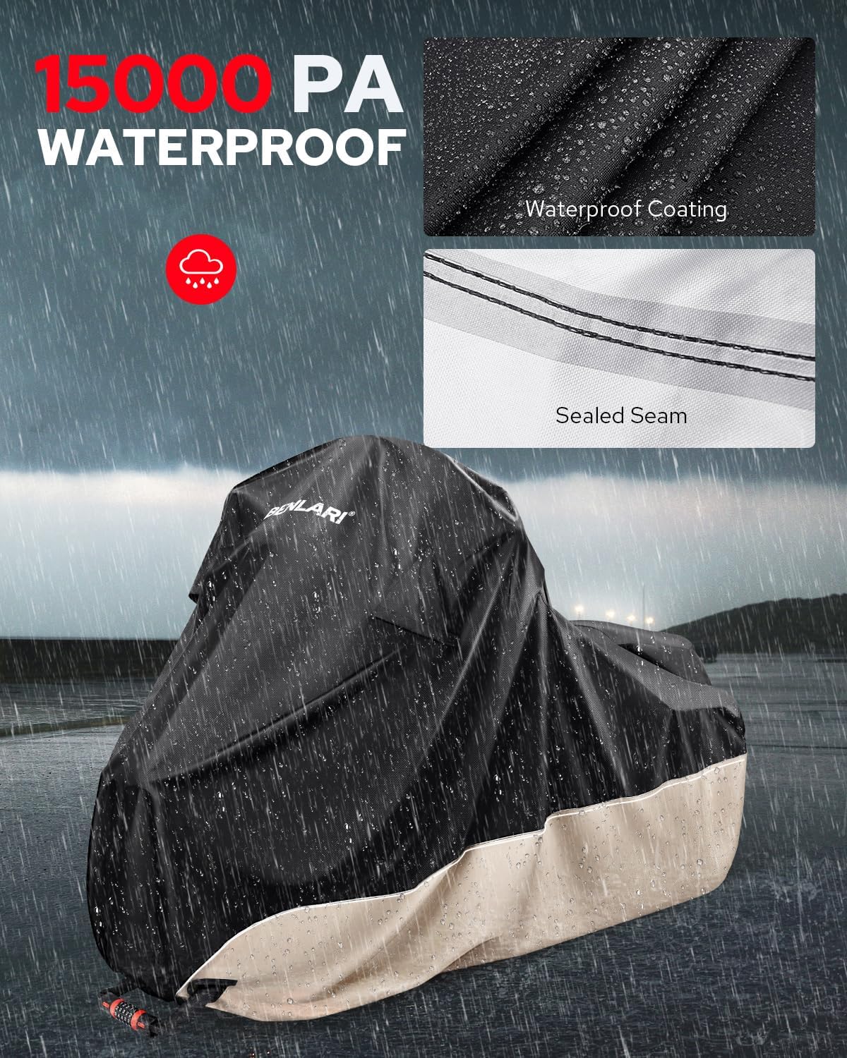 Benlari Waterproof Motorcycle Cover with Side Top Box Compatible with Harley Davidson Touring Models Road King Street Glide Road Glide Electra Glide Outdoor All Weather Protection, L,107" x 43" x 50"