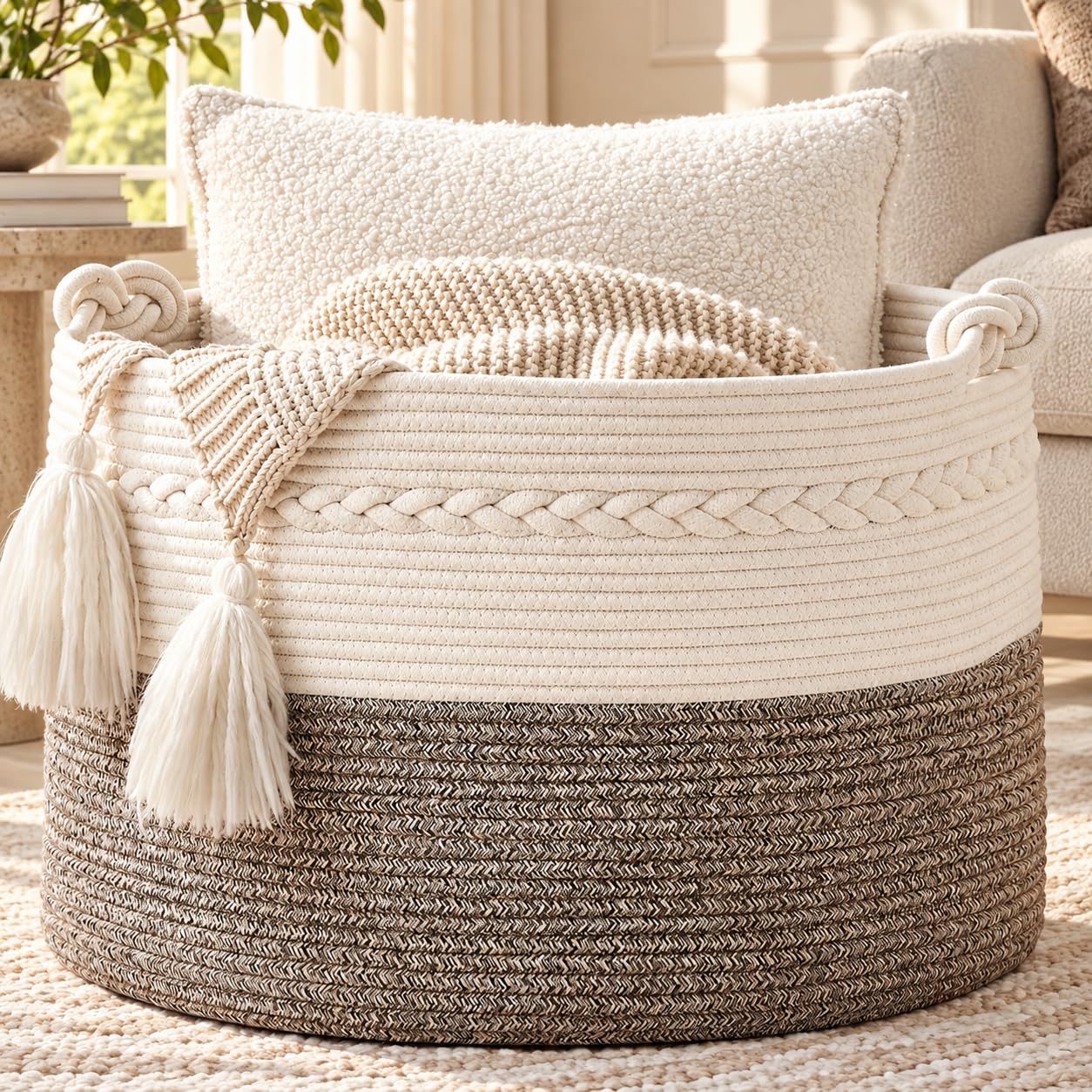 KAKAMAY Large Blanket Basket (20"x13"),Woven Baskets for storage Baby Laundry Hamper, Cotton Rope Blanket Basket for Living Room, Laundry, Nursery, Pillows, Baby Toy chest (White/Beige)