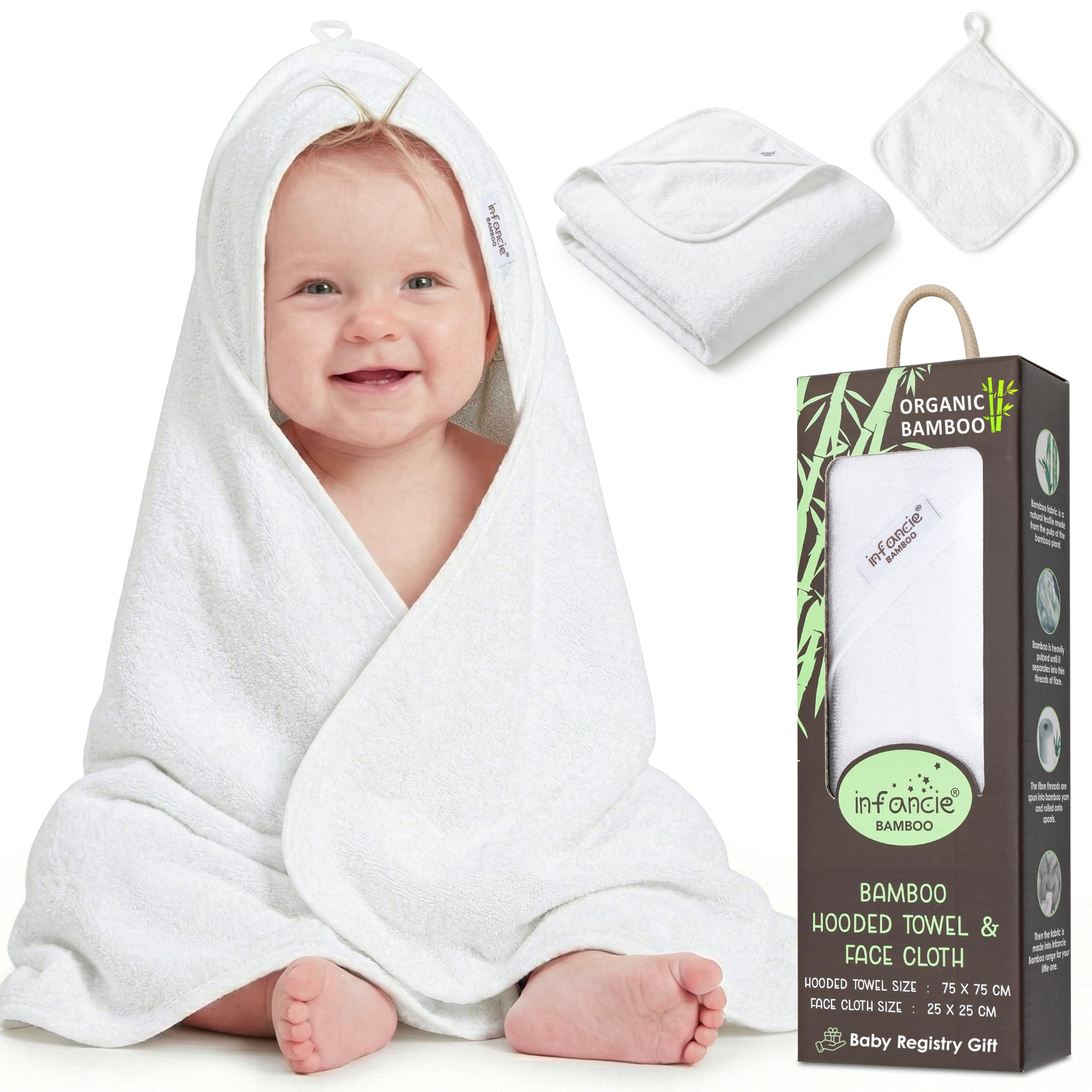 Infancie White (1 Hood + 1 Face Cloth) Hooded Baby Towel - Ultra Soft Bamboo Bath Towel For Infant And Baby, Quick-Dry & Hypoallergenic Baby Towel With Hood - Breathable & Absorbent Baby Essentials (