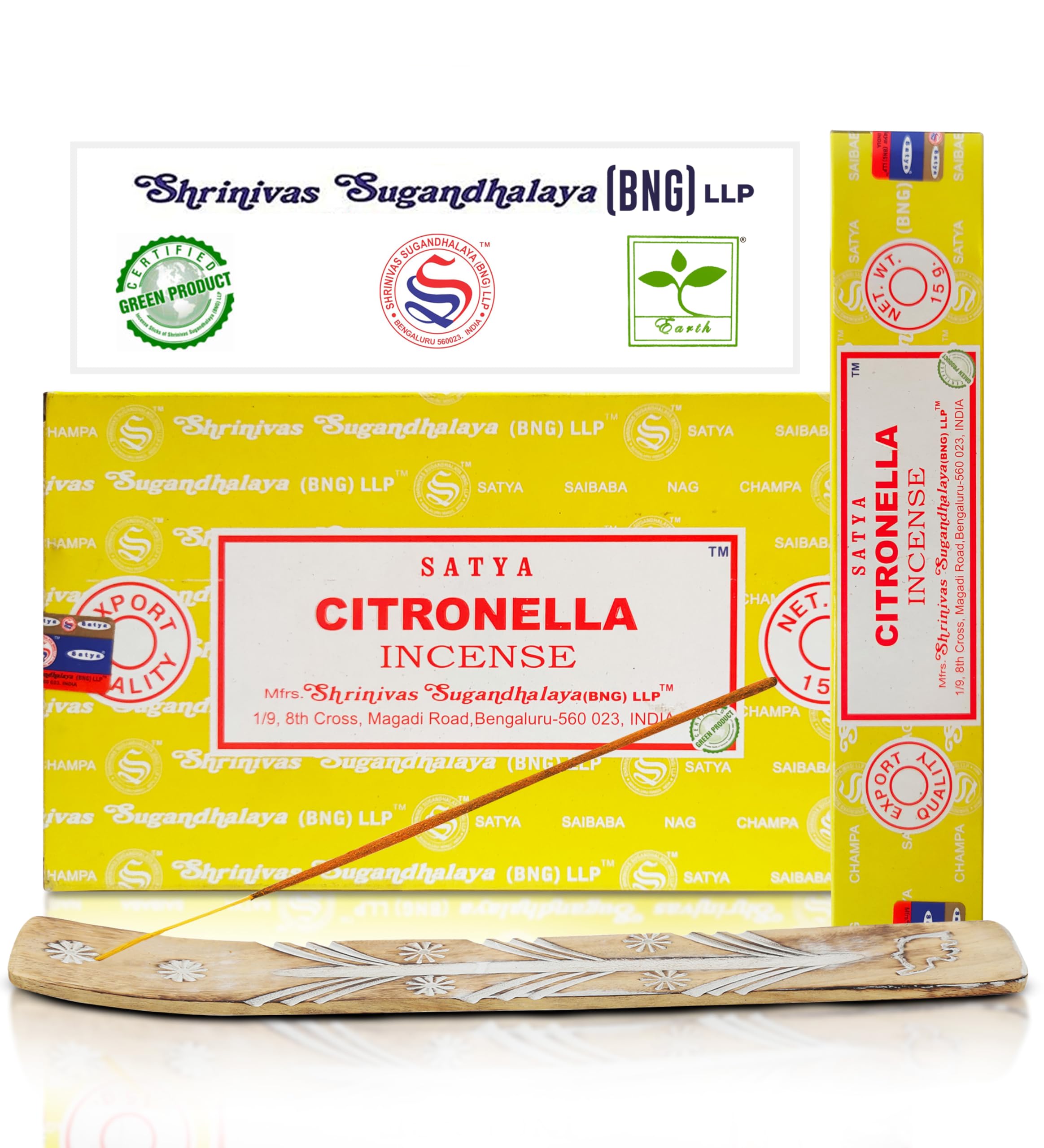 Satya Citronella Incense Sticks, Satya Bng Insenses 15gmx12 Pack with Raajsee Incense Holder Bundle, Satya Nagchampa Natural Incense