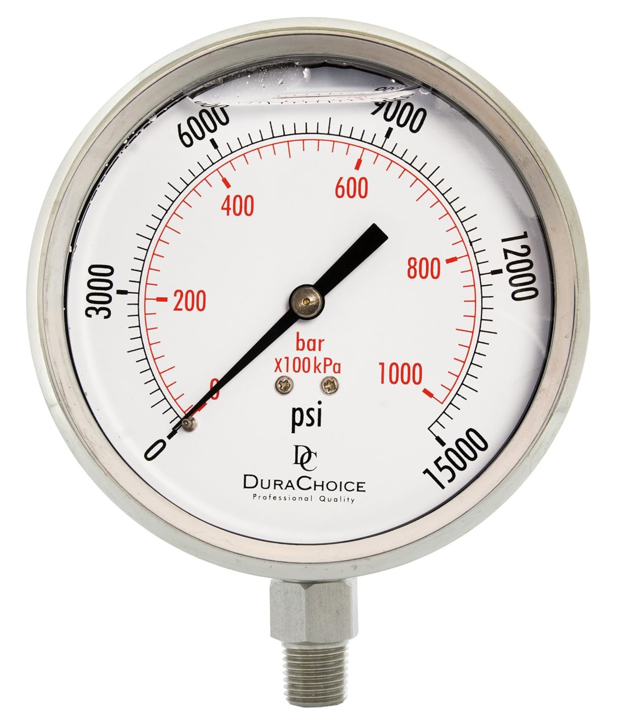 4" All Stainless Steel Oil Filled Pressure Gauge - 1/4" NPT Lower Mount 15,000PSI