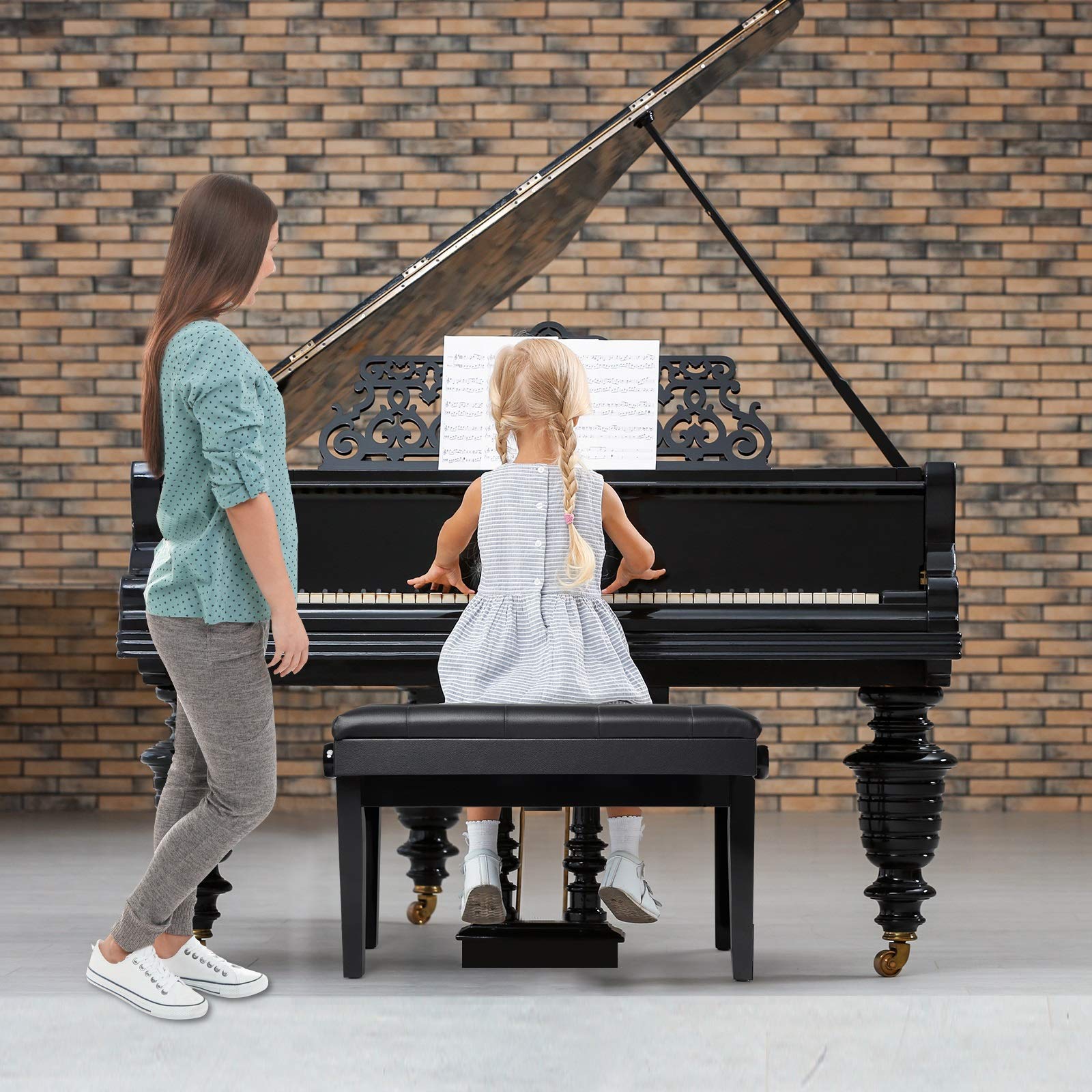 RELAX4LIFE Doppelte Klavierbank, höhenverstellbarer Klavierhocker für Konzertsaal & Zuhause & Musik Klassenzimmer, Keyboardbank mit Stauraum, Keyboardstuhl mit Kunstleder Kissen, Schminkhocker schwarz