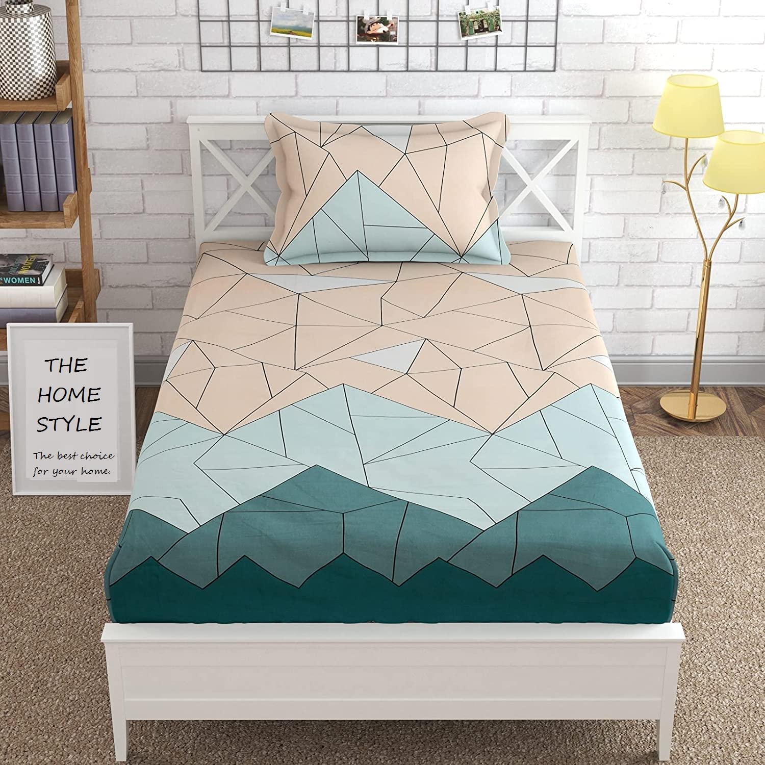 THE HOME STYLE Cotton Feel Glace Cotton Elastic Fitted All Around Printed Full Length Single Bed Bedsheet With 1 Pillow Cover (36" X 78", Pastel Green), 300 tc