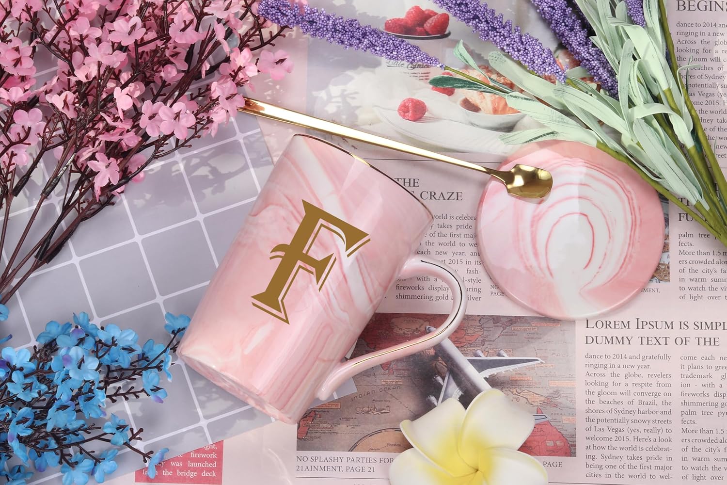 Letter F Personalized Initial Mug, Letter F Personalized Marble Coffee Mug, Letter Coffee Mugs for Women, Bridal Shower Gifts, Man and Women's Initials Gifts Mug 14 Ounce Pink with Gift Box - Image 2