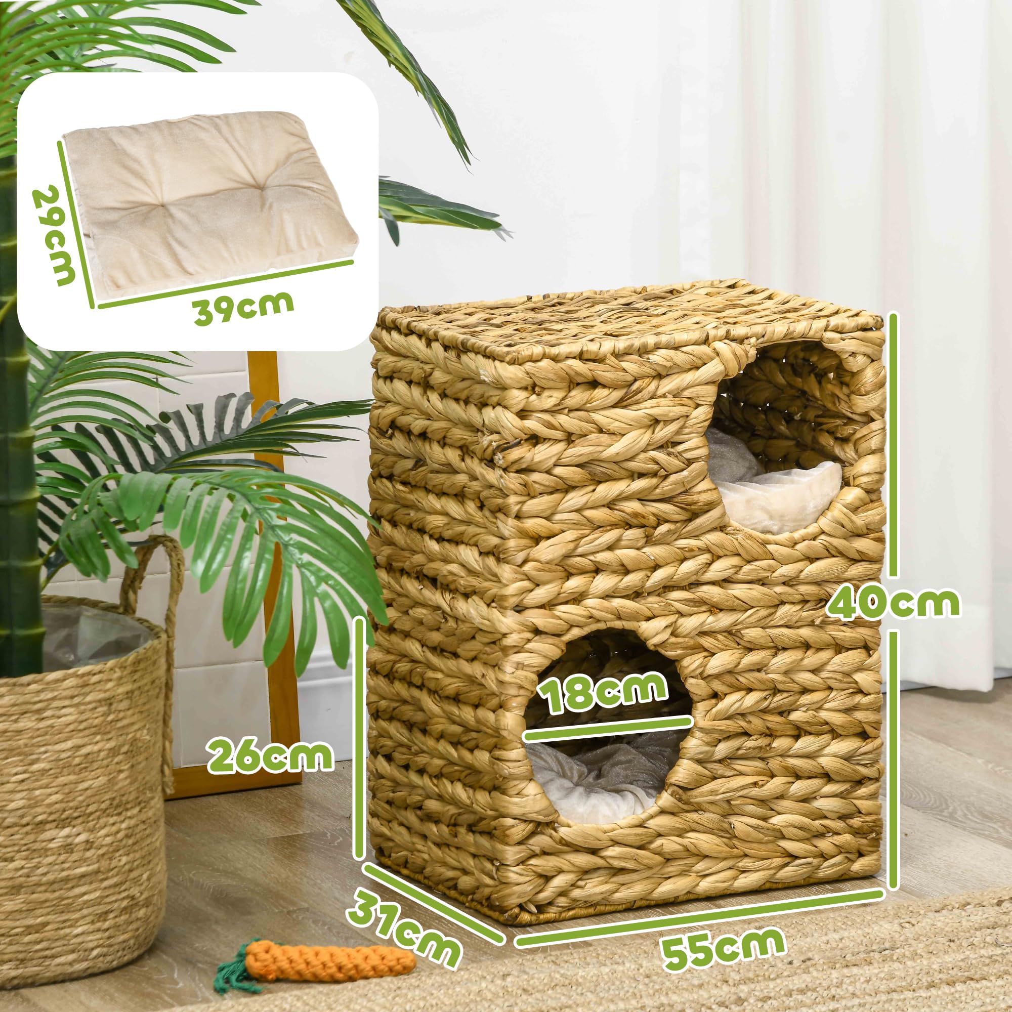 PawHut Tonneau à Chat de 55 cm de Haut avec 2 niches, Coussins lavables, Arbre à Chat, Tour de Chat en Jacinthe d'eau, Marron Clair