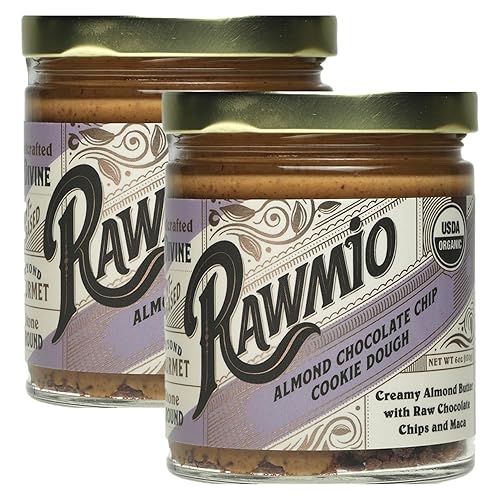 Rawmio Masa de galletas con chispas de chocolate y almendras, 6 onzas, paquete de 2, 6 porciones por frasco, cruda, orgánica, vegana, sin gluten