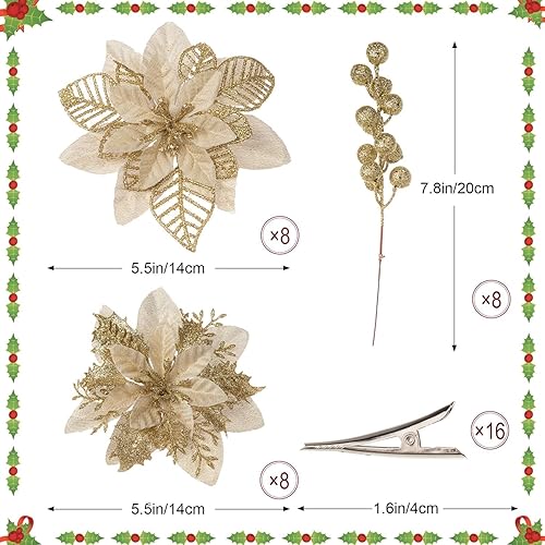 Miniatura 2 de Juego de 24 flores de Pascua de Navidad en caja dorada, 16 piezas de flores de Pascua artificiales con clips, 8 adornos para árbol de Navidad con