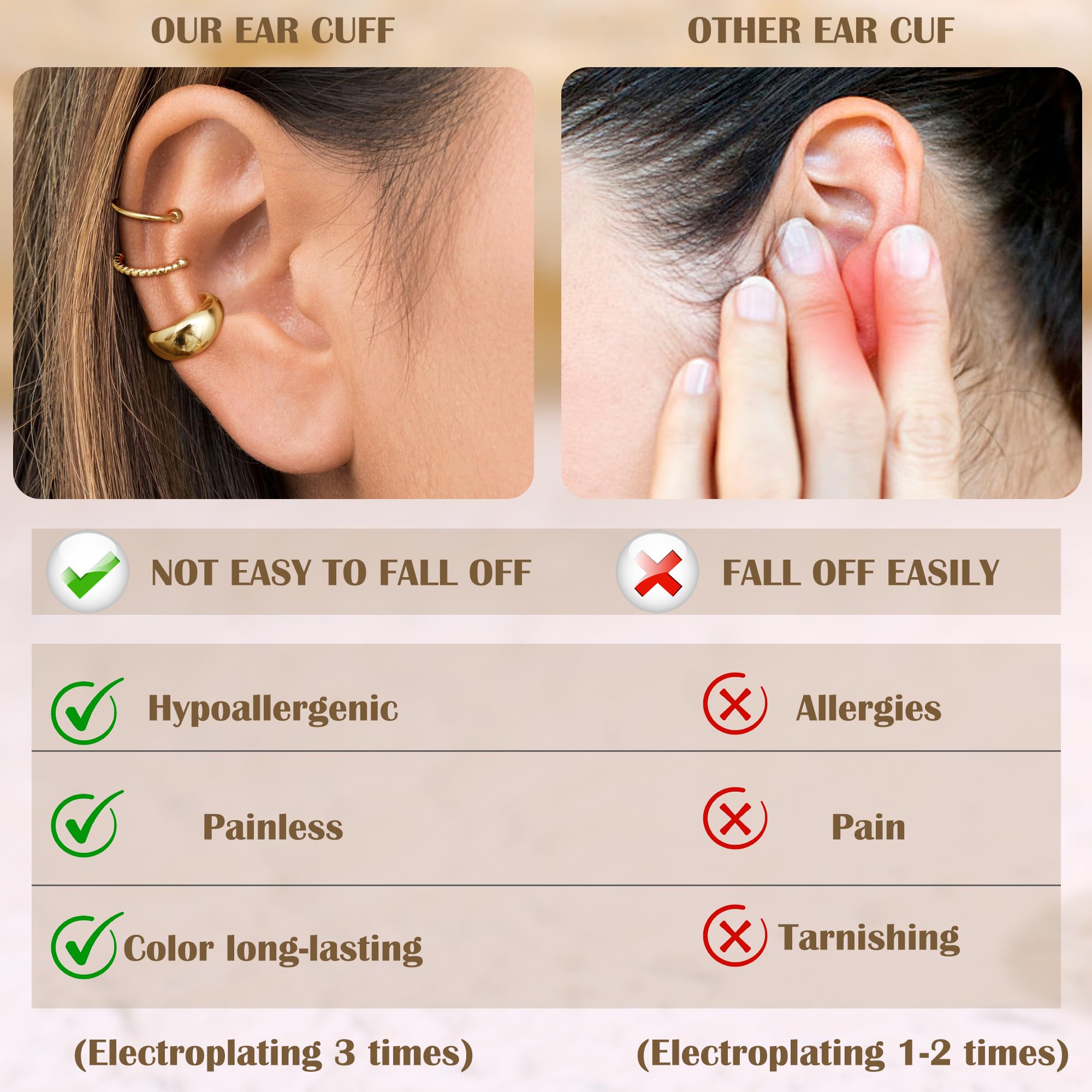 FUNRUN JEWELRY Ear Cuff Earrings for Women Non Piercing 14K Gold Plated Ear Cuffs Non Pierced Adjustable Fake Earrings 3-4PCS