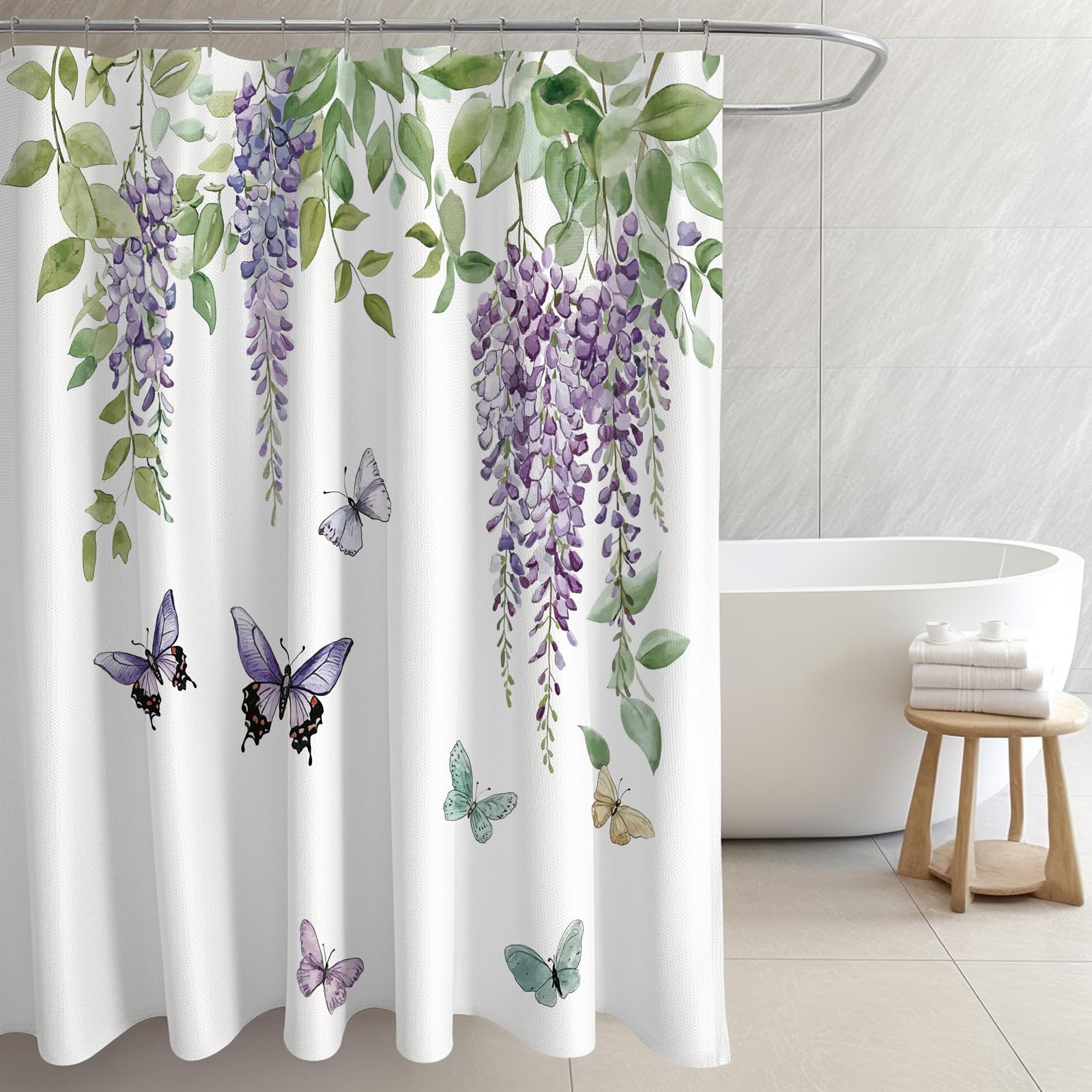RLHHUG Shower Curtain, Waterproof Fabric for Bathroom, Decorative Curtains for Bathroom Hotel (Curtain- Purple Floral Butterflies)