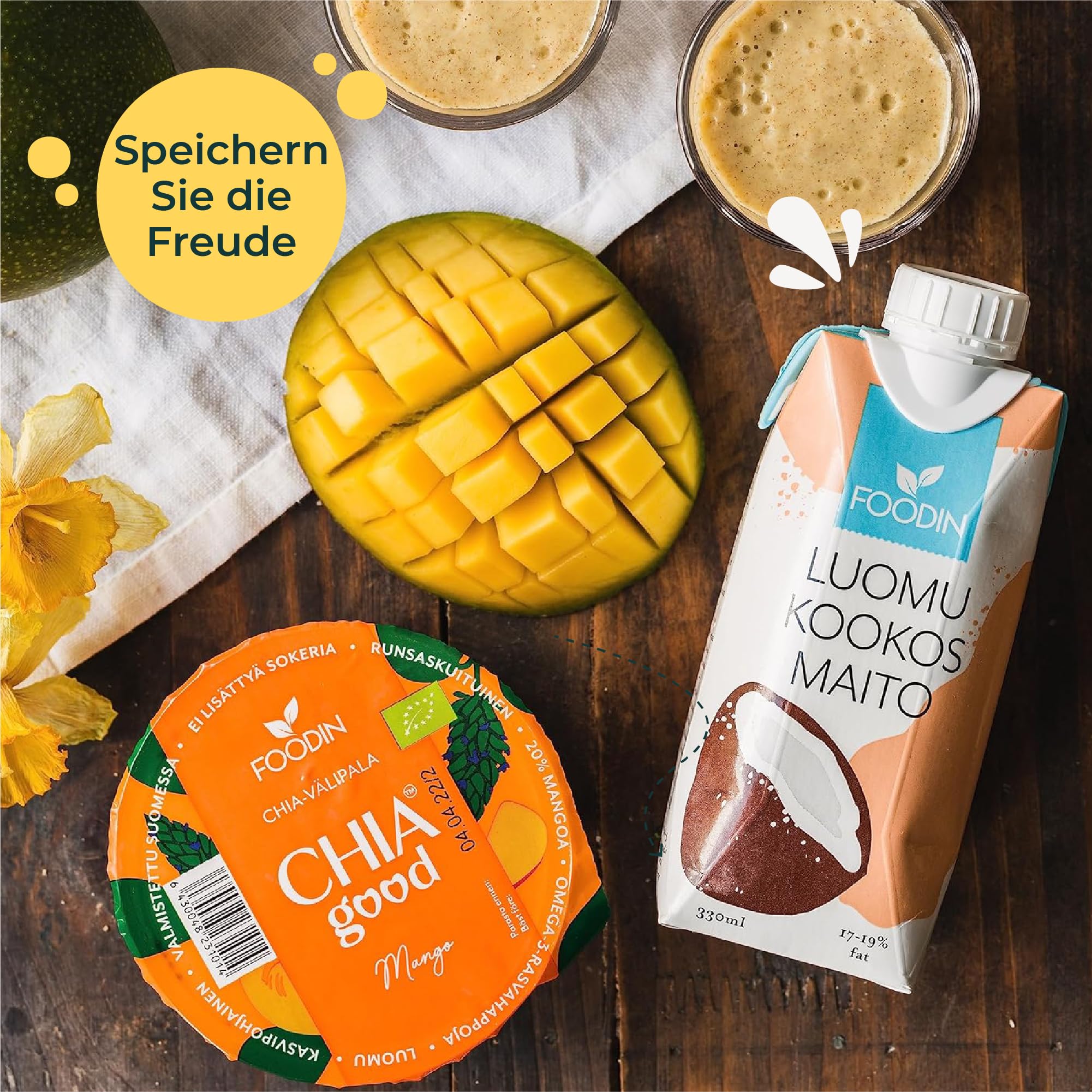 FOODIN Bio Kokosmilch 12 x 330 ml – Cremig & lecker, 100% vegan, aus weißem Kokosnuss-Fruchtfleisch, ideal für Currys, Suppen, Smoothies & Desserts