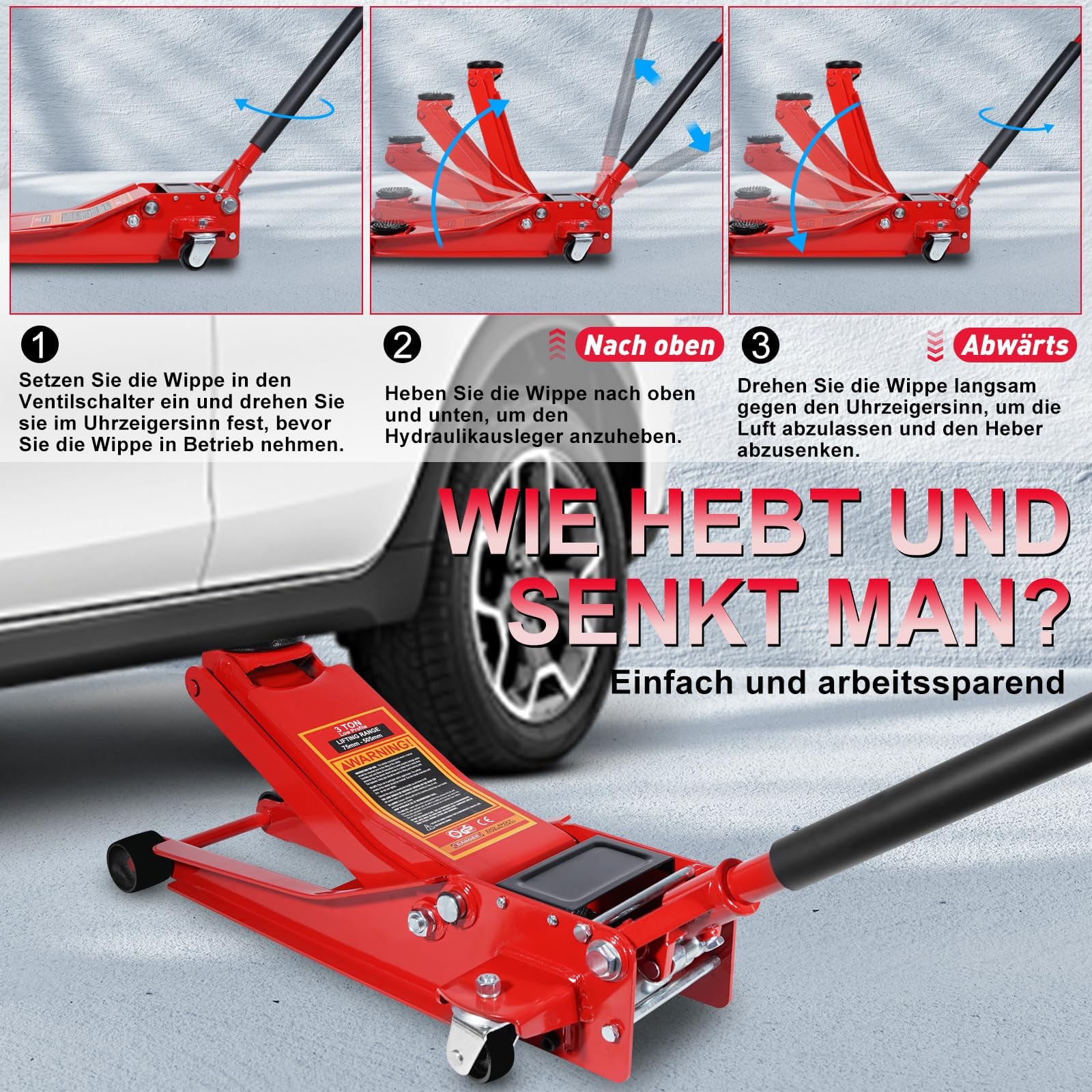 HYCHIKA Wagenheber 3t Hydraulisch Rangierwagenheber 505mm Ultra Low Profile Doppelkolben-Schnellhubpumpe