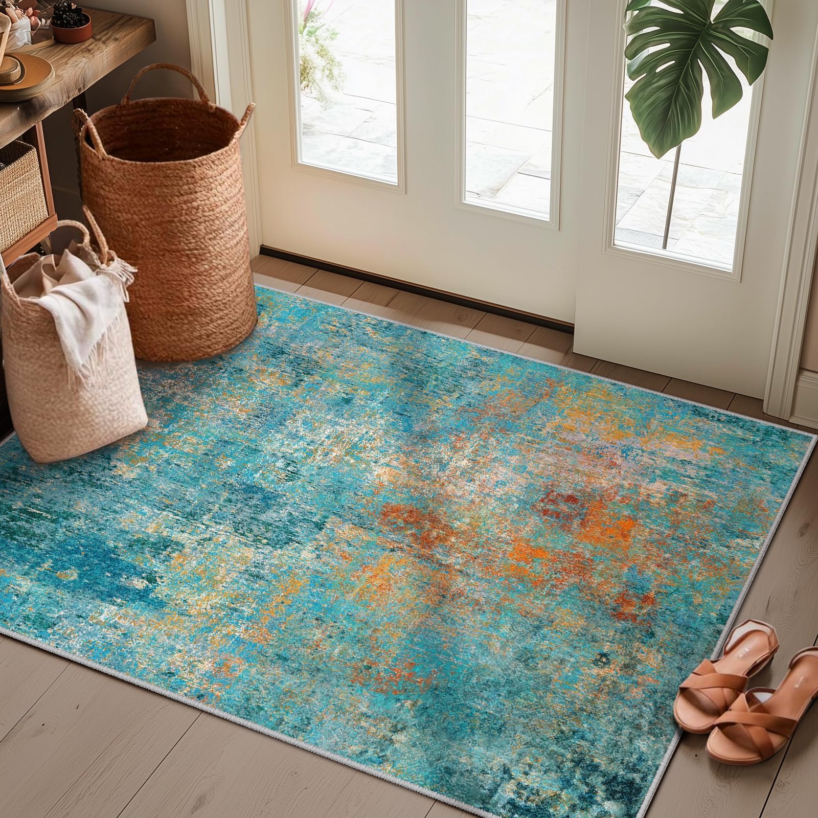 RELEANY Washable Area Rugs 2'x3' Non-Slip Modern Abstract Soft for Living Room Entryway Bedroom, Print Pattern, Teal Blue Green Orange Rust Red Coloreful