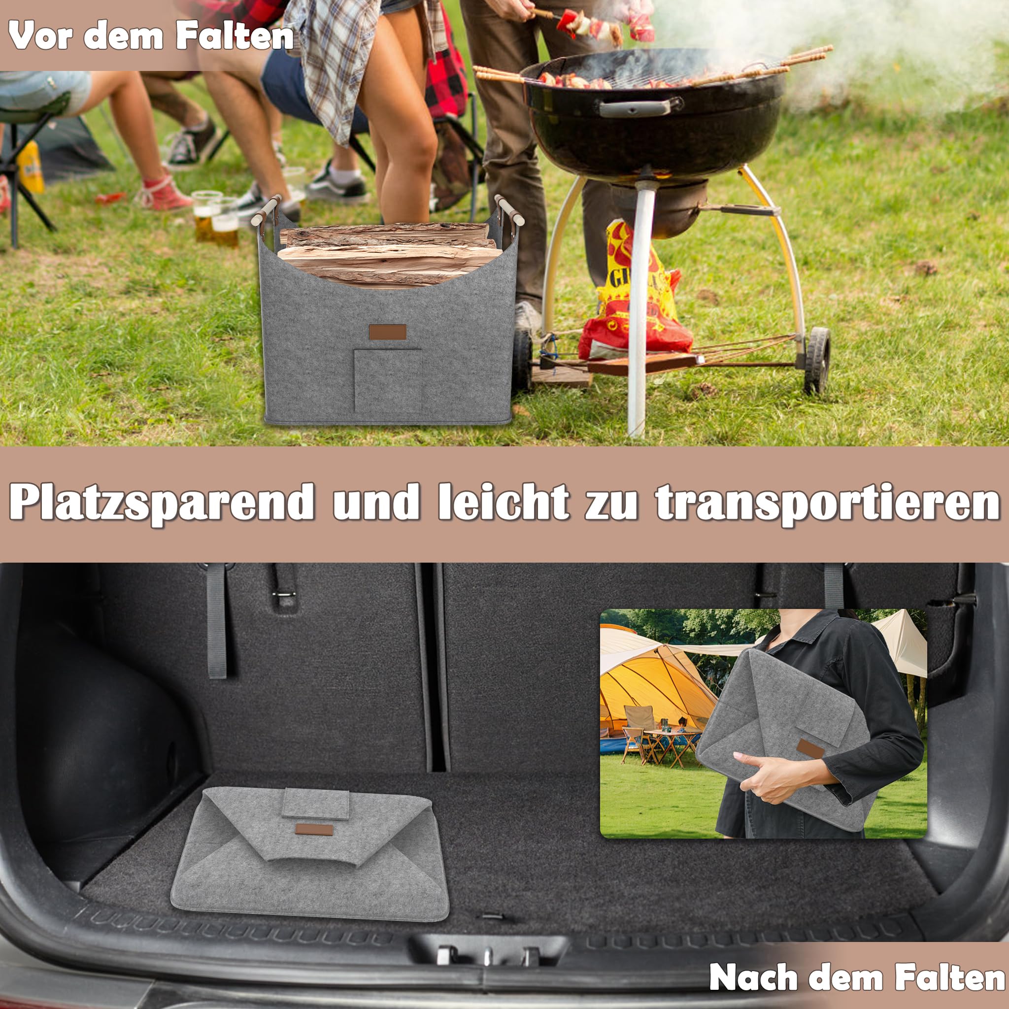 HENGMEI Brennholzkorb Filzkorb 4 Stück Holzkorb Kaminholz Filztaschen Extradickem Kaminholzkorb mit Griff Feuerholzkorb für Feuer Brennholz(50x32x40cm, Grau)