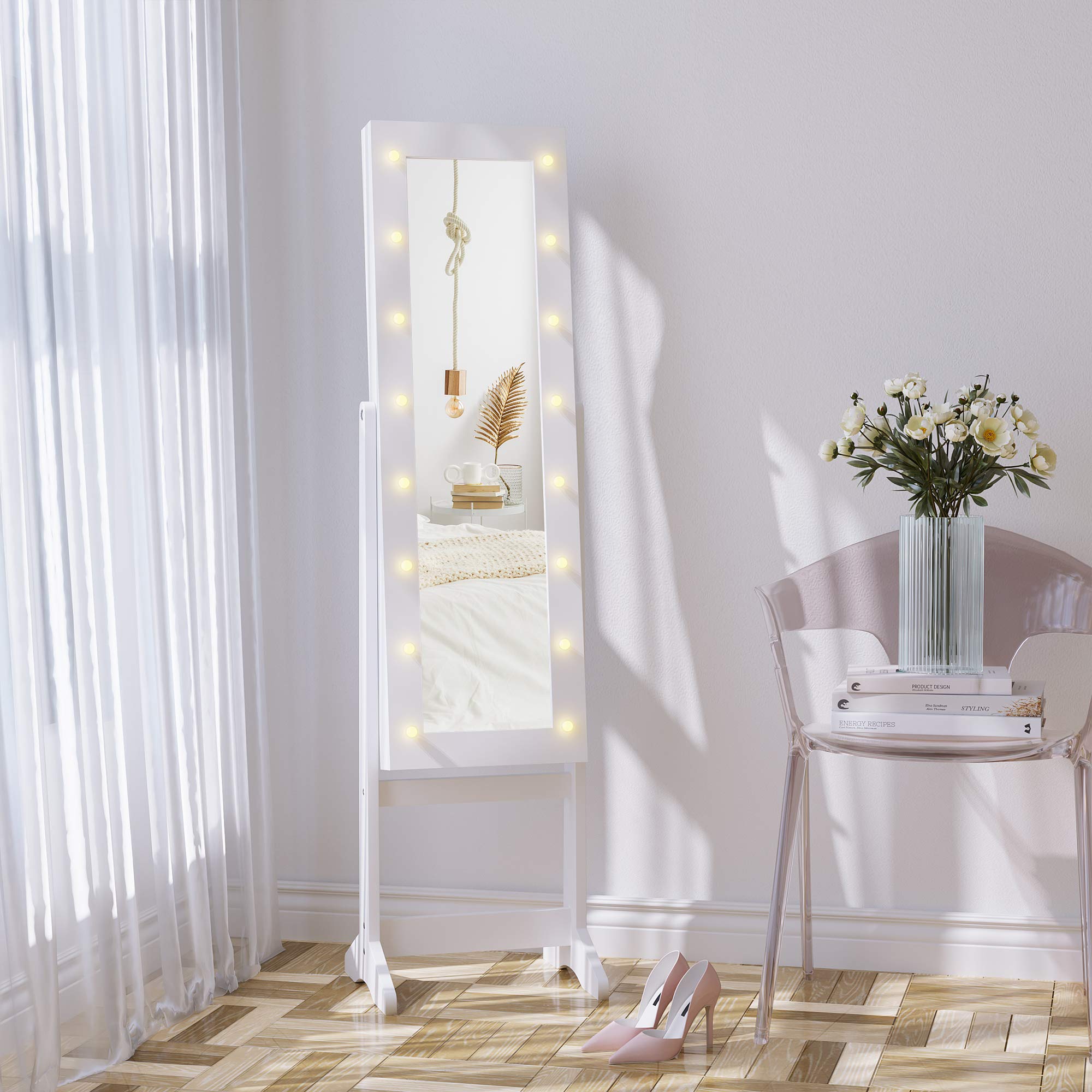HOMCOM Espejo Joyero con Luces LED, Armario para Joyas, de Pie, Espejo Entero, Ángulo Ajustable, Blanco Cálido
