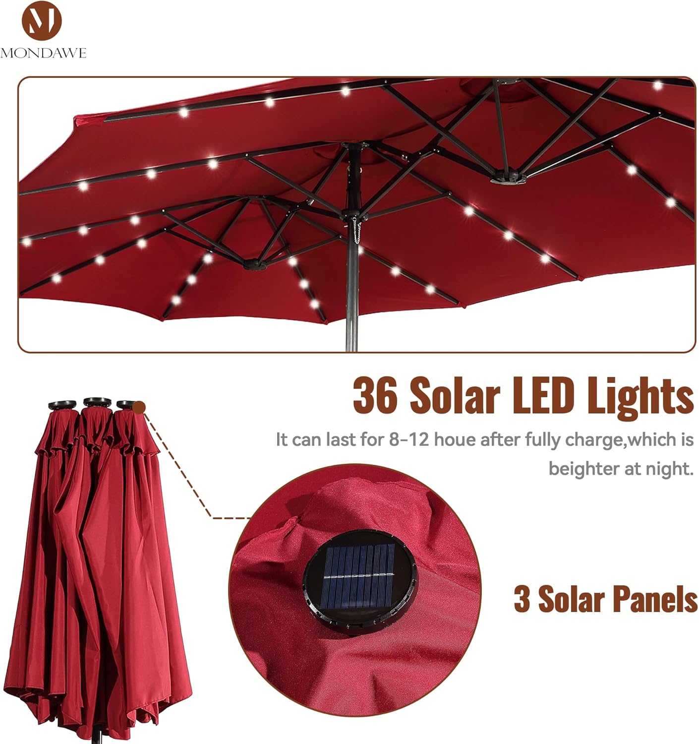 MONDAWE 15ft Patio Umbrella with Solar Lights(Base Included) Large Outdoor Double Sided Umbrella Aluminum Rectangular Market Table Umbrella with Hand Crank, 36 LEDs, 12 Ribs for Backyard Poolside Deck