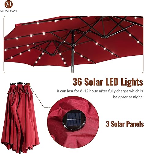 Miniatura 4 de MONDAWE Sombrilla de patio de doble cara de 15 pies con luz solar, sombrilla grande para mesa de mercado al aire libre con base incluida, 36 LED 12