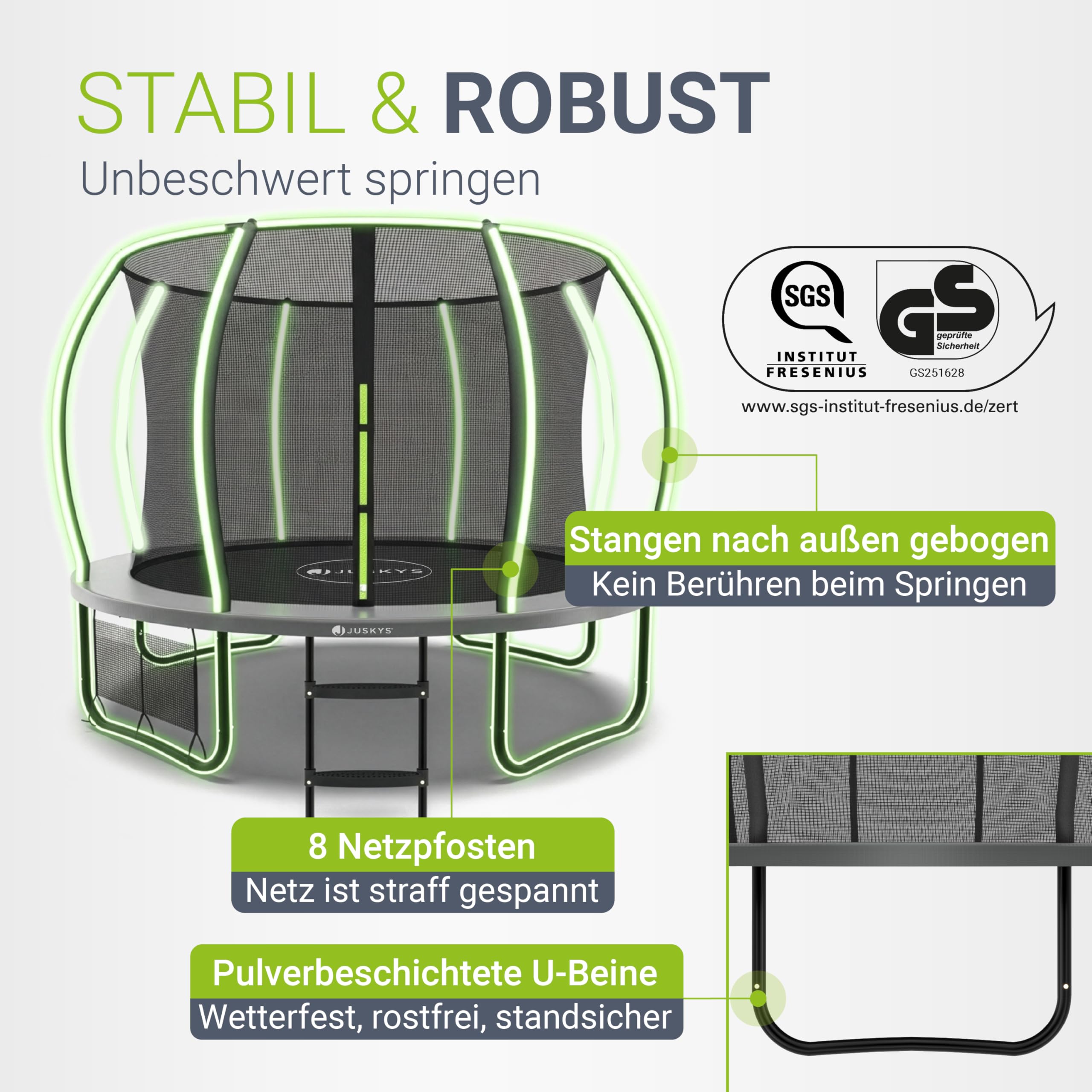 Juskys Trampolin SkyBounce – Ø 228/305 / 366 cm Outdoor Gartentrampolin mit Sicherheitsnetz, Leiter, PowerSpring Sprungfedern