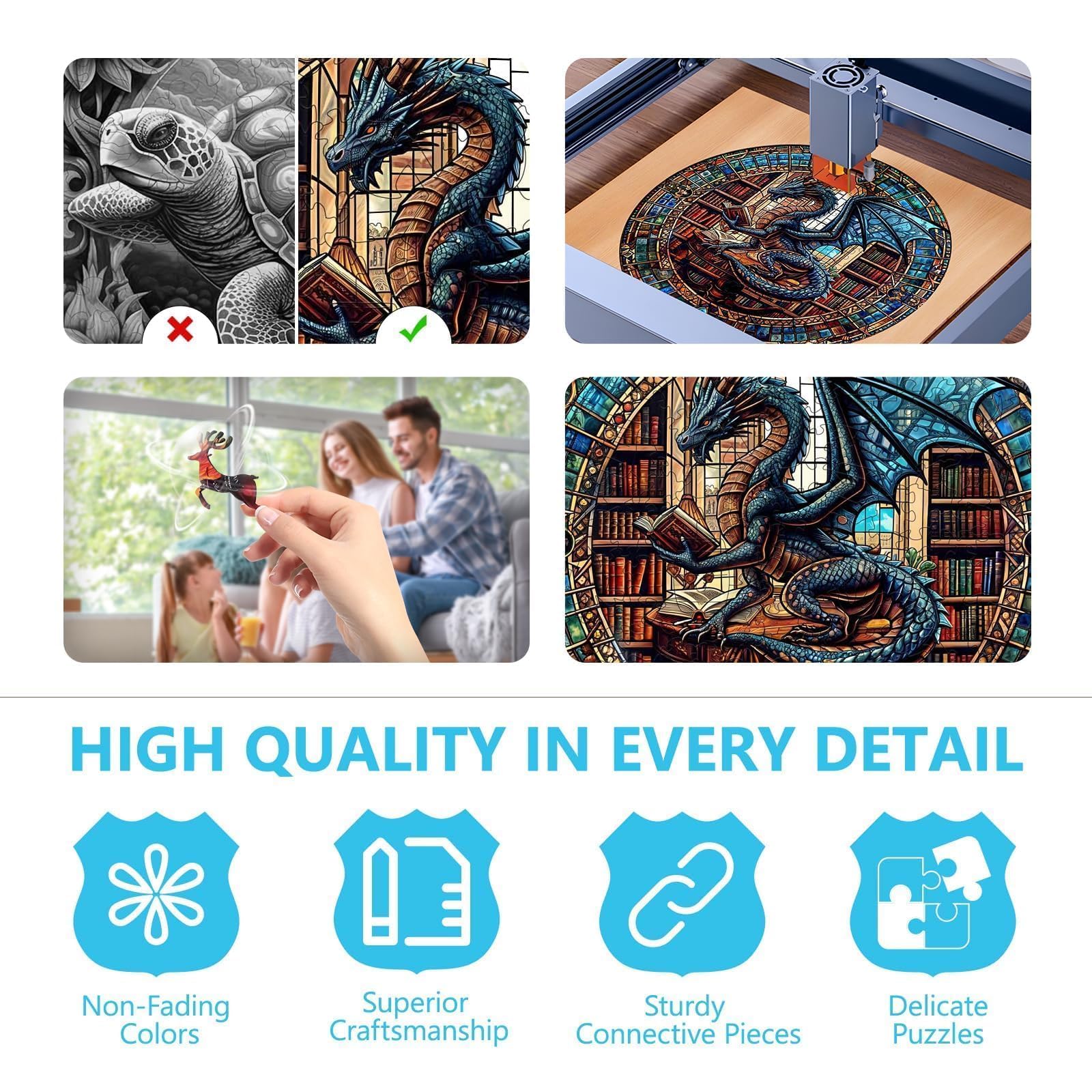 Wooden Puzzles for Adults - Dragon's Library Wooden Jigsaw Puzzle for Adults, Unique Shape Wood Puzzles Adult, Gifts for Friends and Family, Home Decor (S-8.5 * 8.5in-100 Pieces)