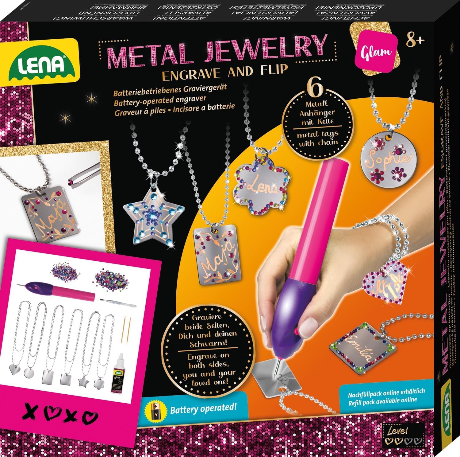 Lena 42655 Metal Jewelery Schmuck-Bastelset ab 8 Jahren - Halskette basteln ganz einfach, Kreatives Bastelset für Mädchen mit Gravurgerät, Anhänger & Deko-Strasssteinen