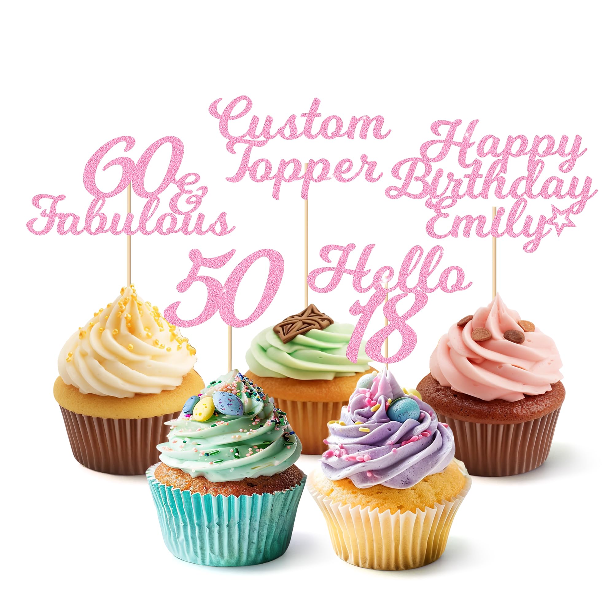 EDSG Personalised Cupcake Toppers, 6pcs Birthday Cupcake Toppers with Any Text, Custom Glitter Cake Decorations Party Supplies for Birthday, Wedding, Baby Shower, Anniversary (Light Pink)