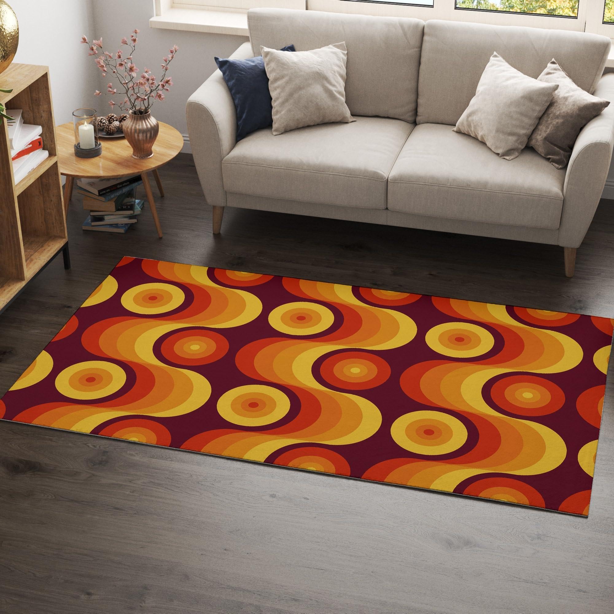 Rétro Marron Orange Tapis de Salon 120x150cm Milieu du siècle Années 70 Tapis de Couloir, Motif Géométrique Abstrait Tapis Chambre à Coucher, Lavable Antidérapant Tapis pour Porte d'Entrée
