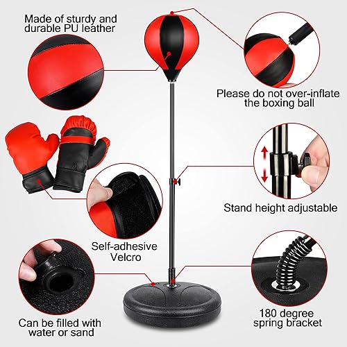 Miniatura 4 de Saco de boxeo para niños de 3, 4, 5, 6, 7, 8 años en adelante, juego de bolsa de boxeo con guantes de boxeo, saco de boxeo ajustable en altura,