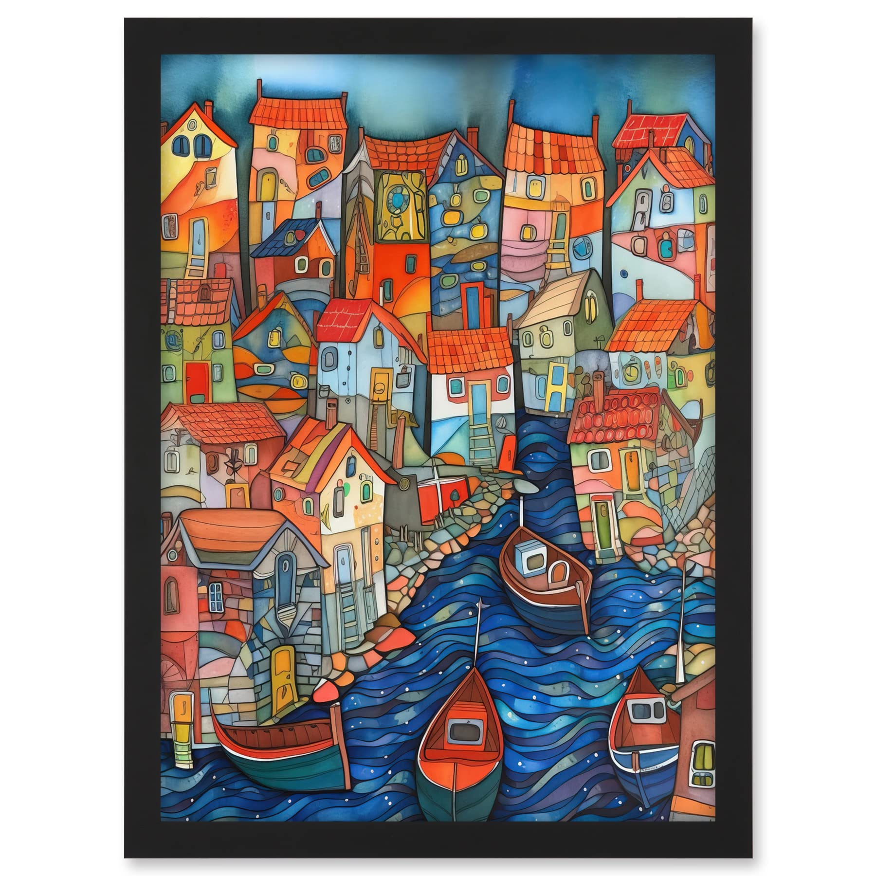 Artery8 Fishing Village Canal Folk Art Watercolour Painting Artwork Framed A3 Wall Art Print