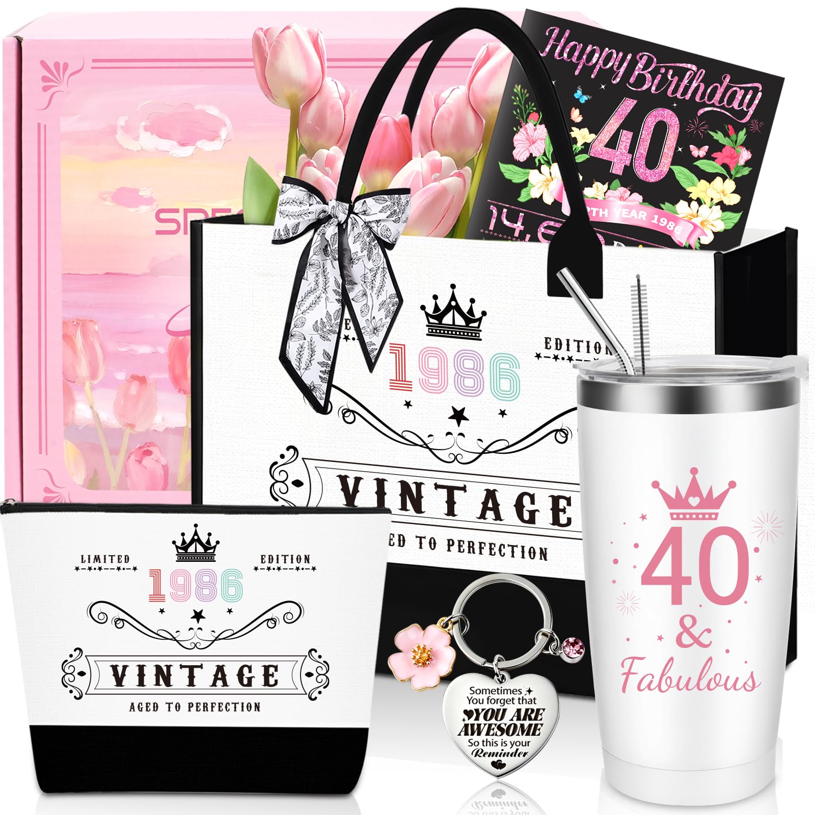 40th Birthday Gifts for Women,Unique 40 Years Old Birthday Include 20 Oz Stainless Steel Tumbler with Straw Gifts for Wife Aunt Sister Friends Her,Fashion 1986 Handbag Cosmetic Bag Born in 1986 Card