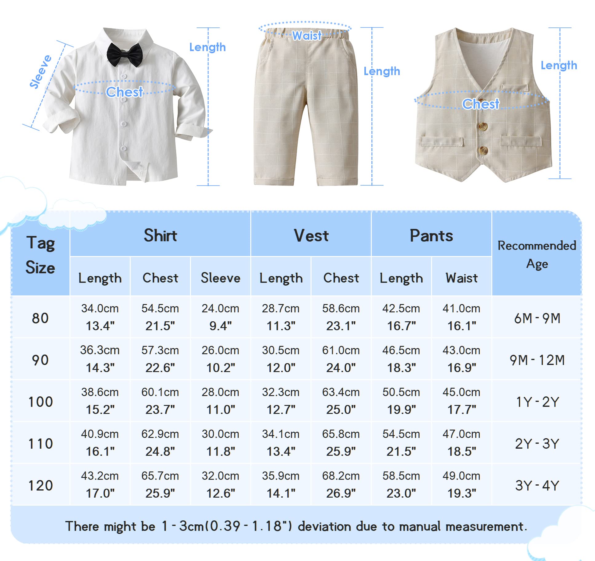 AIEOE Traje de 3 Piezas para Bebé Niño Camisa + Pajarita + Chaleco + Pantalones Manga Larga con Botón Adecuado de 6 Meses - 4 Años