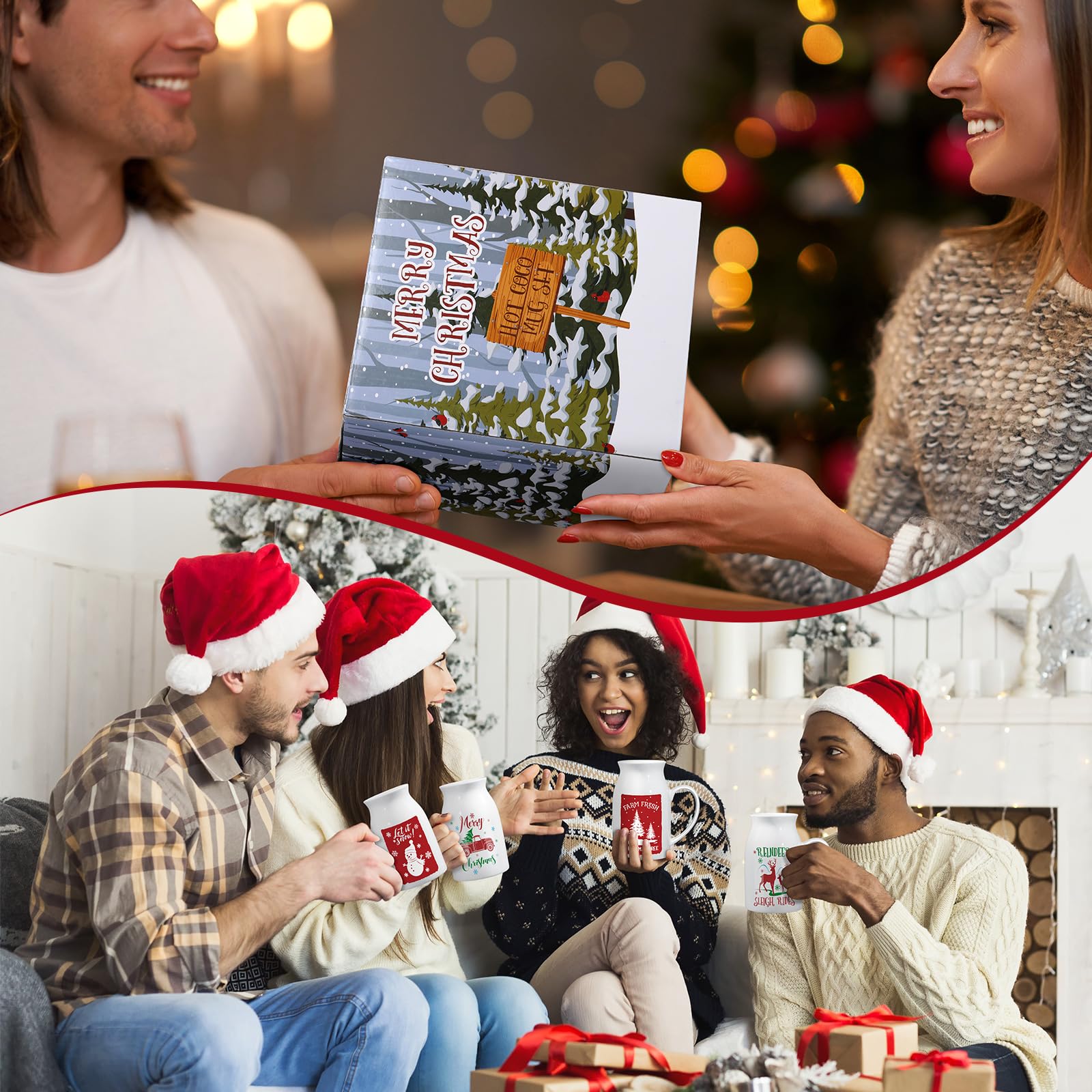 Hushee 4 tazas de cerámica de Navidad de 9.5 onzas con caja de regalo, tazas de café con diseño de patrón festivo, reno, árbol de Navidad, cacao caliente, tazas de café de Navidad para té, chocolate