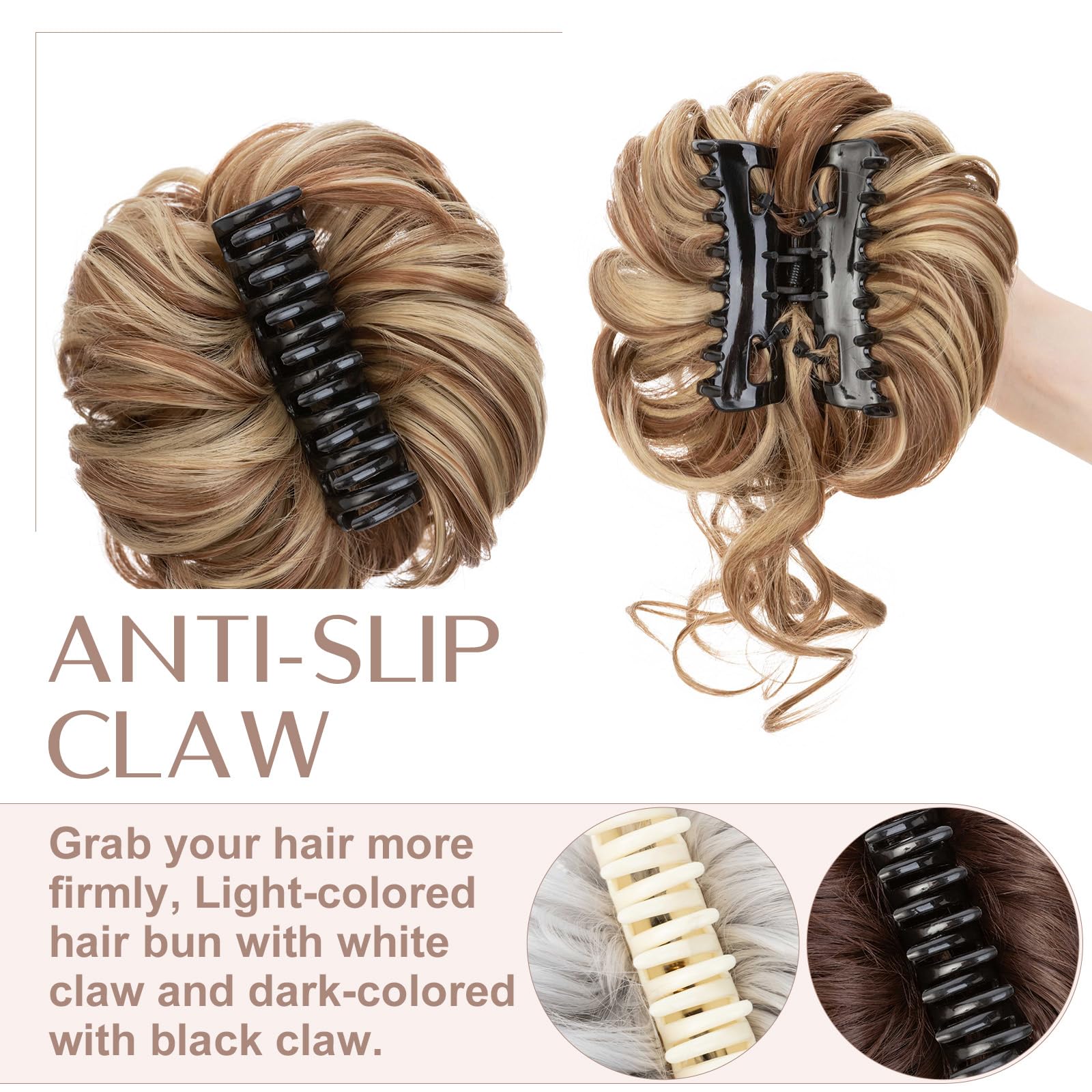 SEGO Tousled Updo Hair Bun Donut Synthetic Thick Hair Chignon 77G Claw Messy Bun Hairpieces Wavy Curly, Light Brown & Ash Blonde - Image 3