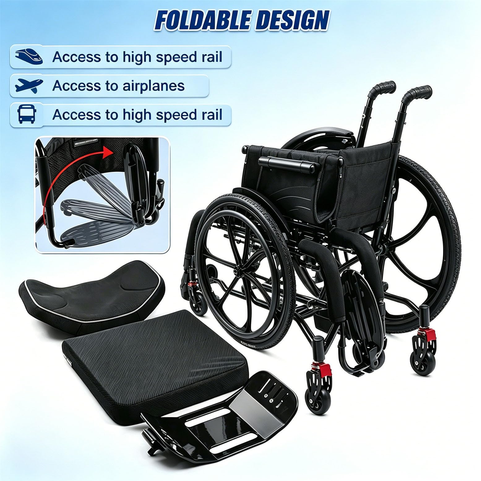 Silla de Ruedas Deportiva Plegable Ultraligera Black-W38cm | Solo pesa 10 kg (22 lb), se pliega de forma compacta, soporta hasta 100 kg para su transporte, silla manual para adultos